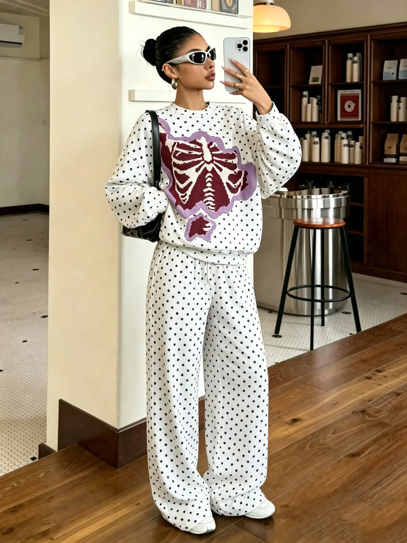 Women's Polka Dot Skeleton Flocking Print Sweatshirt & Wide Leg Pants Set, Oversized Crew Neck Long Sleeve Top, Soft Fleece Fabric, Street, Loungewear & Casual Styling