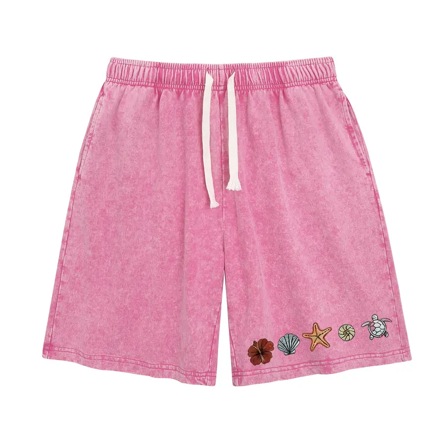 Holafish Unisex Vintage Print Acid Washed Sweat Shorts, Breathable Cotton Hibiscus Seashell Starfish Turtle Ocean Graphic Casual Shorts with Elastic Waist and Functional Pockets baggy comfy For Beach Summer Daily Wear Summervibes
