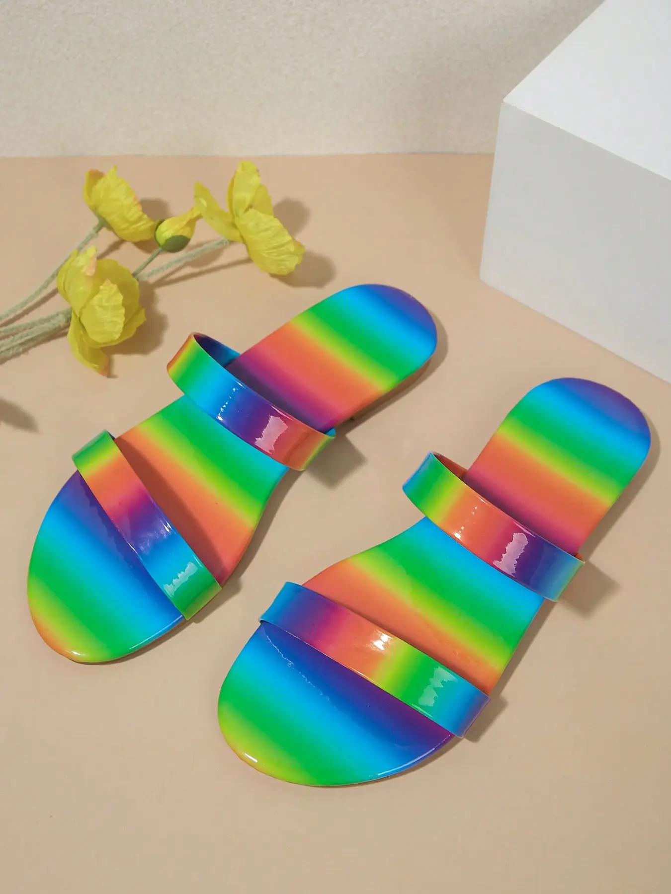 Summer Rainbow Jelly Sandals, Gradient Laser Rainbow Color, Dual Wide Straps, Beach, Shopping, Home Wear, Trendy Rainbow Two-Strap Jelly Slippers