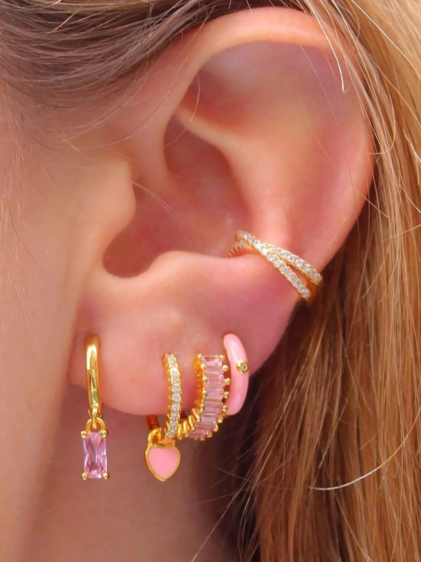 5Pcs Lovely 24K Gold Plated Cubic Zirconia Enamel Hoop Earrings Set For Women Pink Zircon Stud Earrings Pack Heart Drop Dangle Earrings Stack