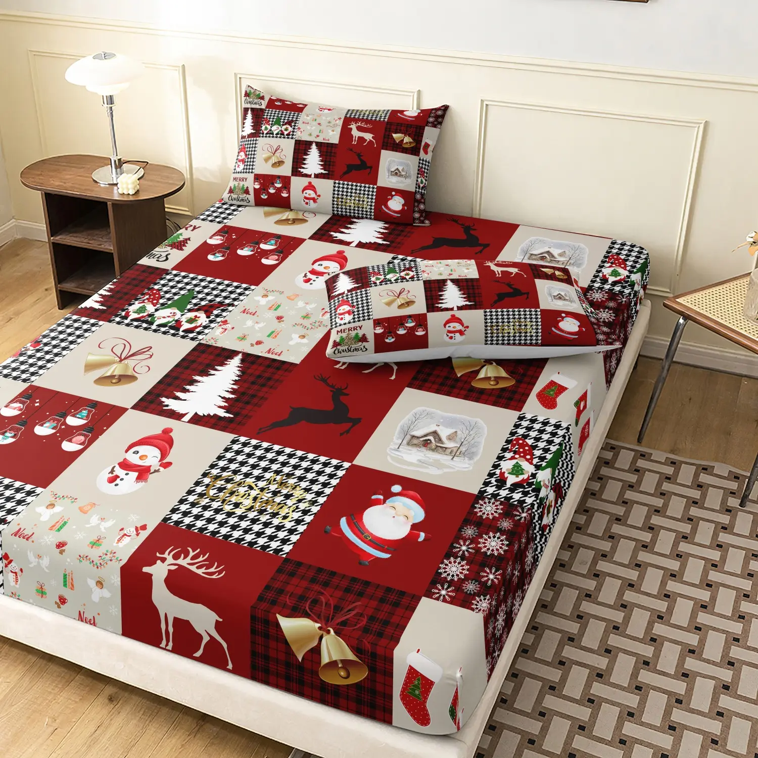 3 Pieces Christmas Patchwork Buffalo Plaid Print Duvet Cover Set, Red Check Santa Snowman Reindeer Bell Christmas Tree Print Bedding, Farmhouse Winter Holiday Bedroom Decor Christmas Gift (1 Fitted Sheet + 2 Pillowcases, No Pillow)