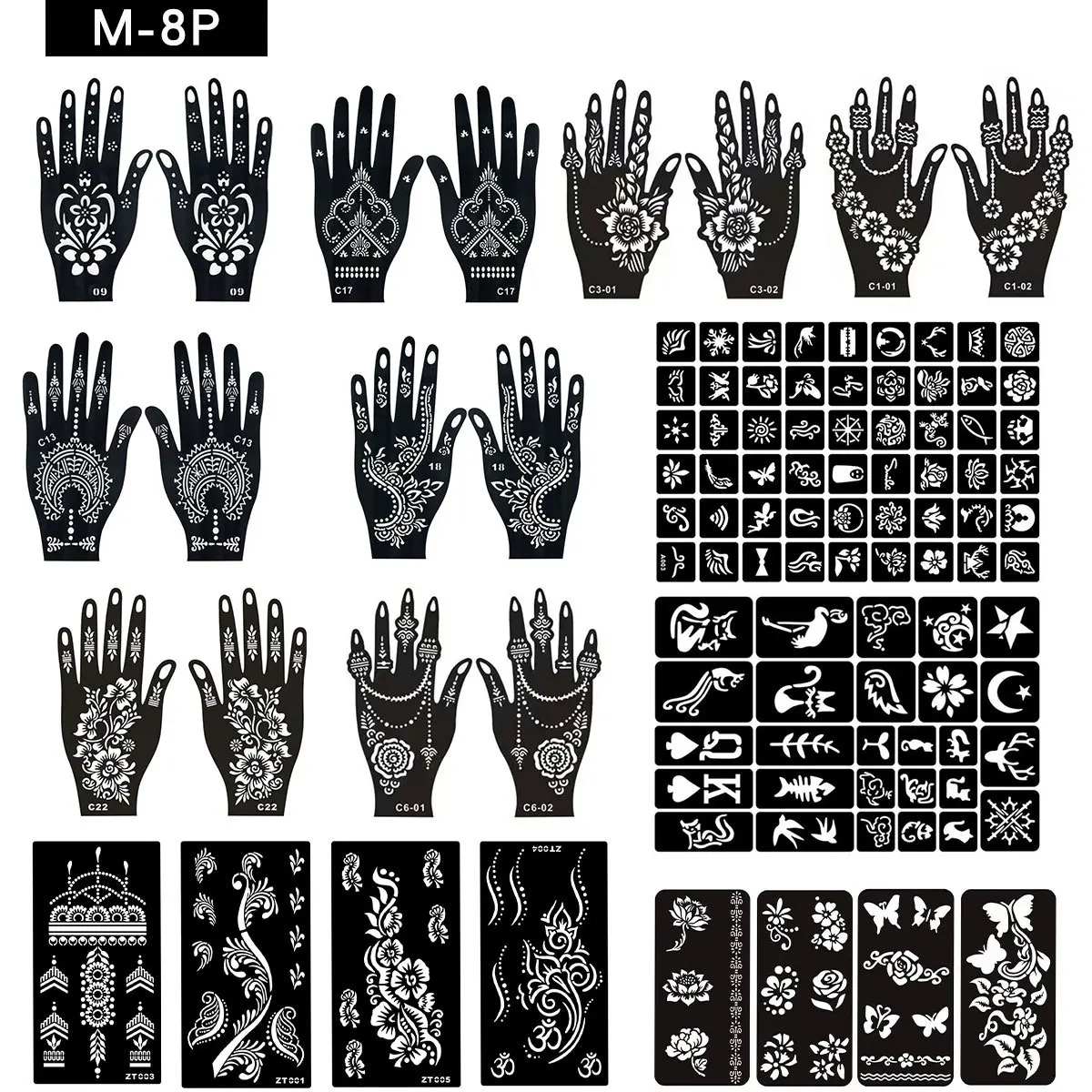 Large Collection Henna Tattoo Hollow Stencils, Full Size Hand Shapes & Long Strip Vine Flower Moon Star Geometric Patterns, Reusable Waterproof Drawing Molds, Self-service Henna Body Art Decor Tools For Wedding Party Vacation