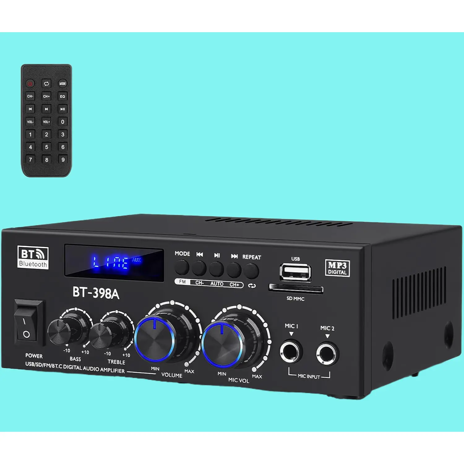 BT 398A Adjustable 2-Channel Bluetooth Stereo Audio Amplifier - 60W Max X2 Output, Compact Metal HiFi Receiver with FM Radio, USB, SD Card, FM/Karaoke Mic In, USB Flash Drive Compatibility, MP3 Players Support for Home Audio System Connection, 60W Power P