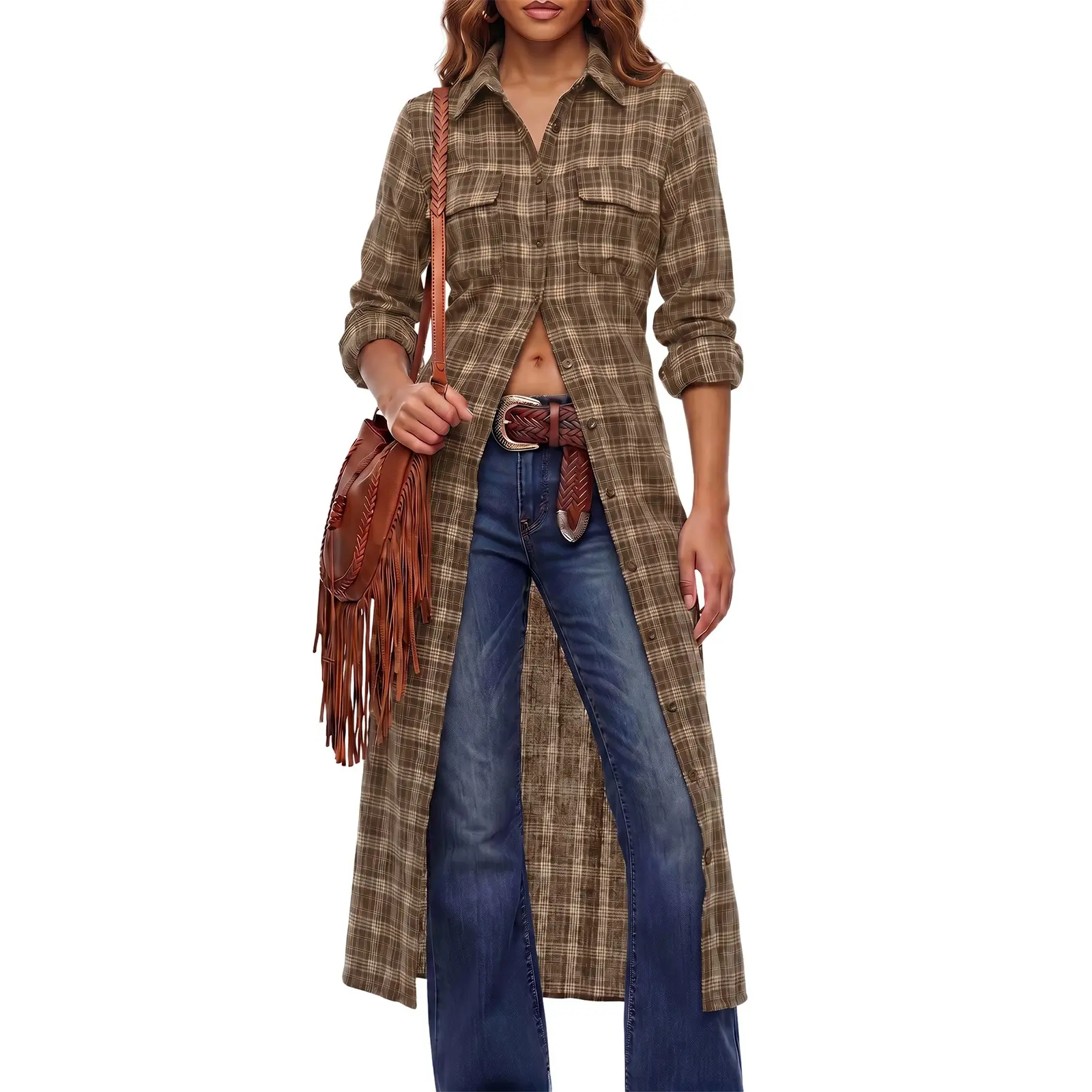 Wenrine Women's Plaid Shirt Dress Casual Button Down Loose Midi Dresses