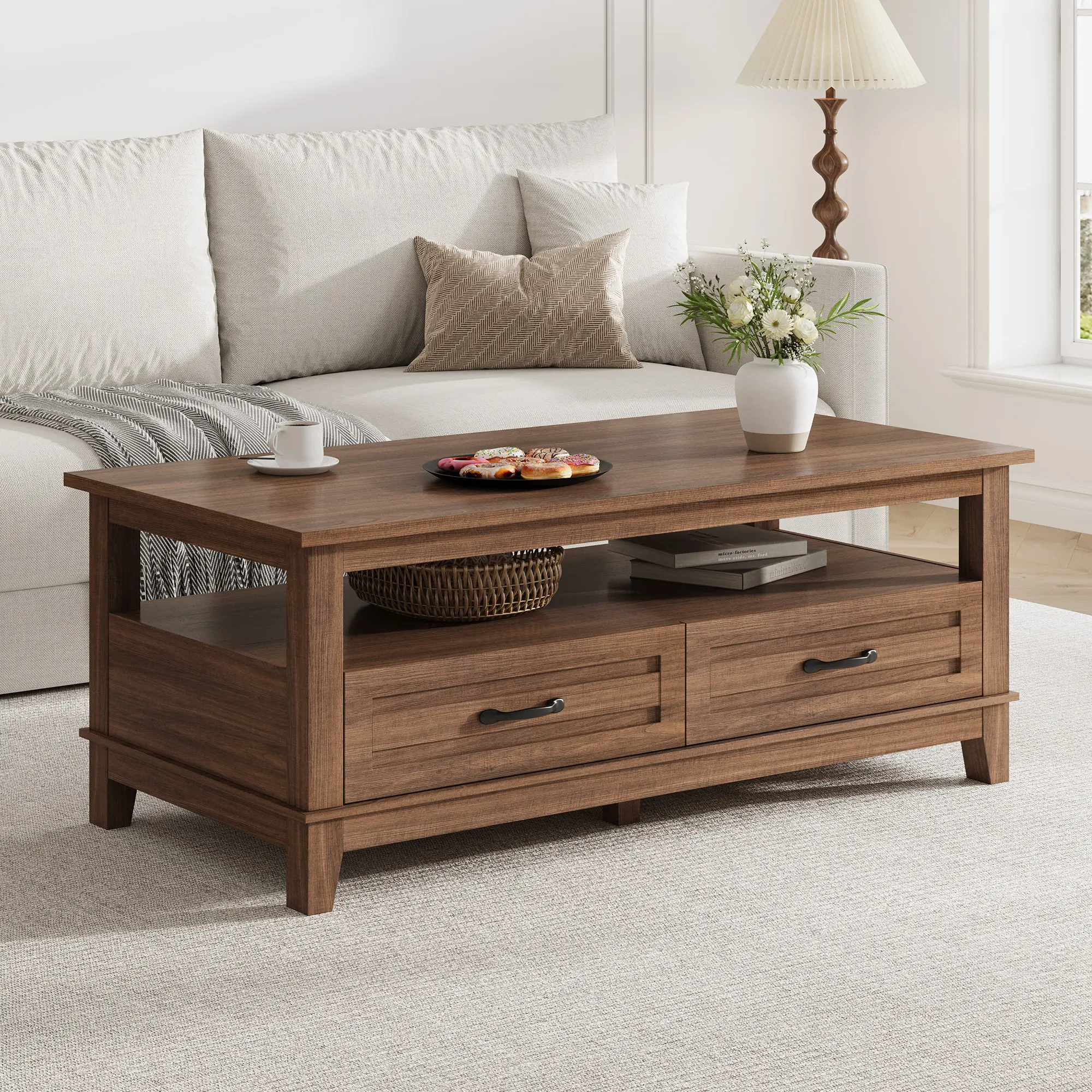 47.2 Inch Farmhouse Coffee Table with Storage Drawers, Heavy Duty Wooden Living Room Table with Metal Pull Handles, Simple Assembly Multi Purpose Furniture for Living Room and Office