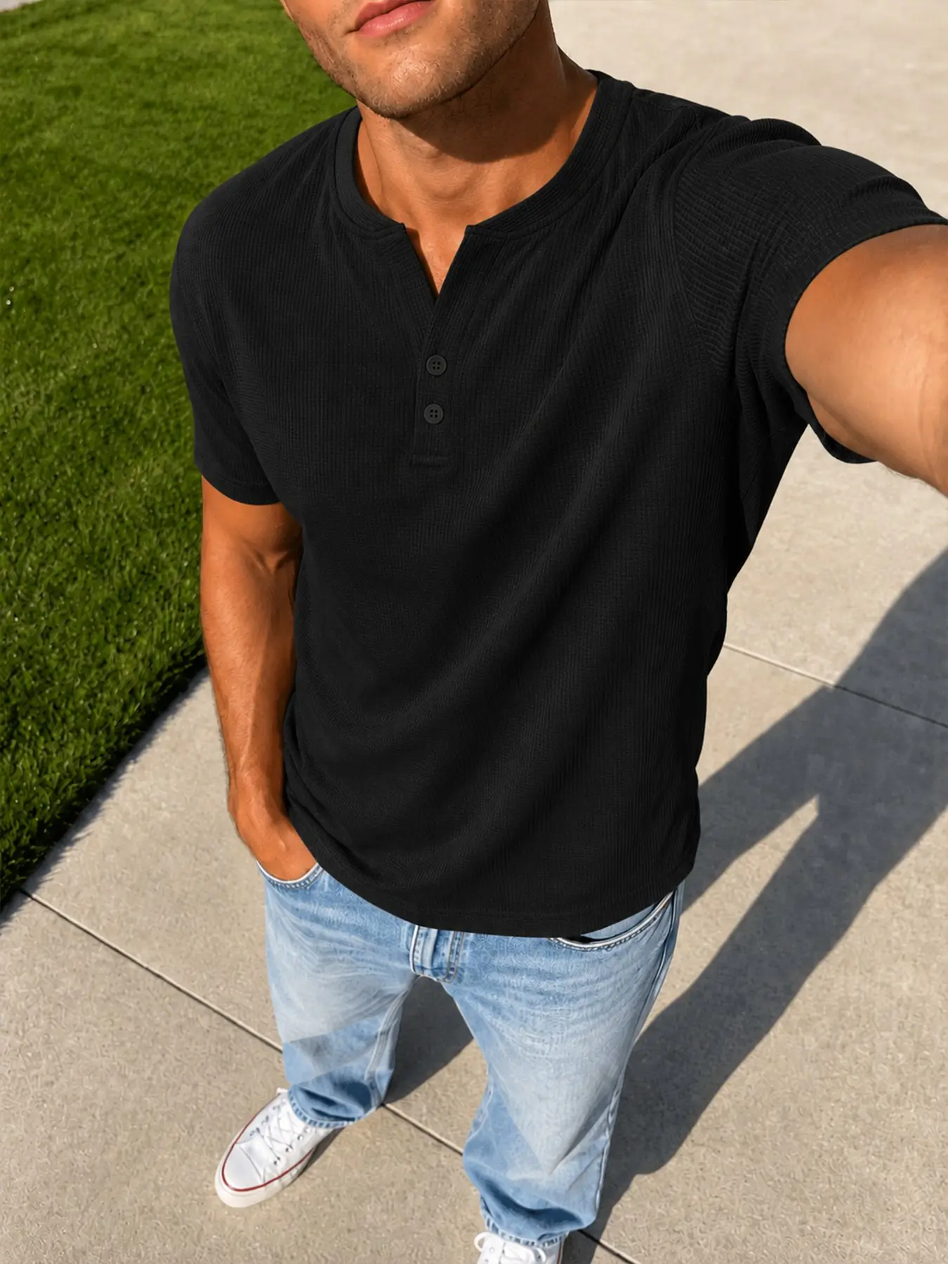 Men's Henry Shirt Short Sleeve Casual Basic Slim Fit T-Shirt, Classic Summer Solid Color, V-Neck, 2 Button Details, Fashionable Daily Wear