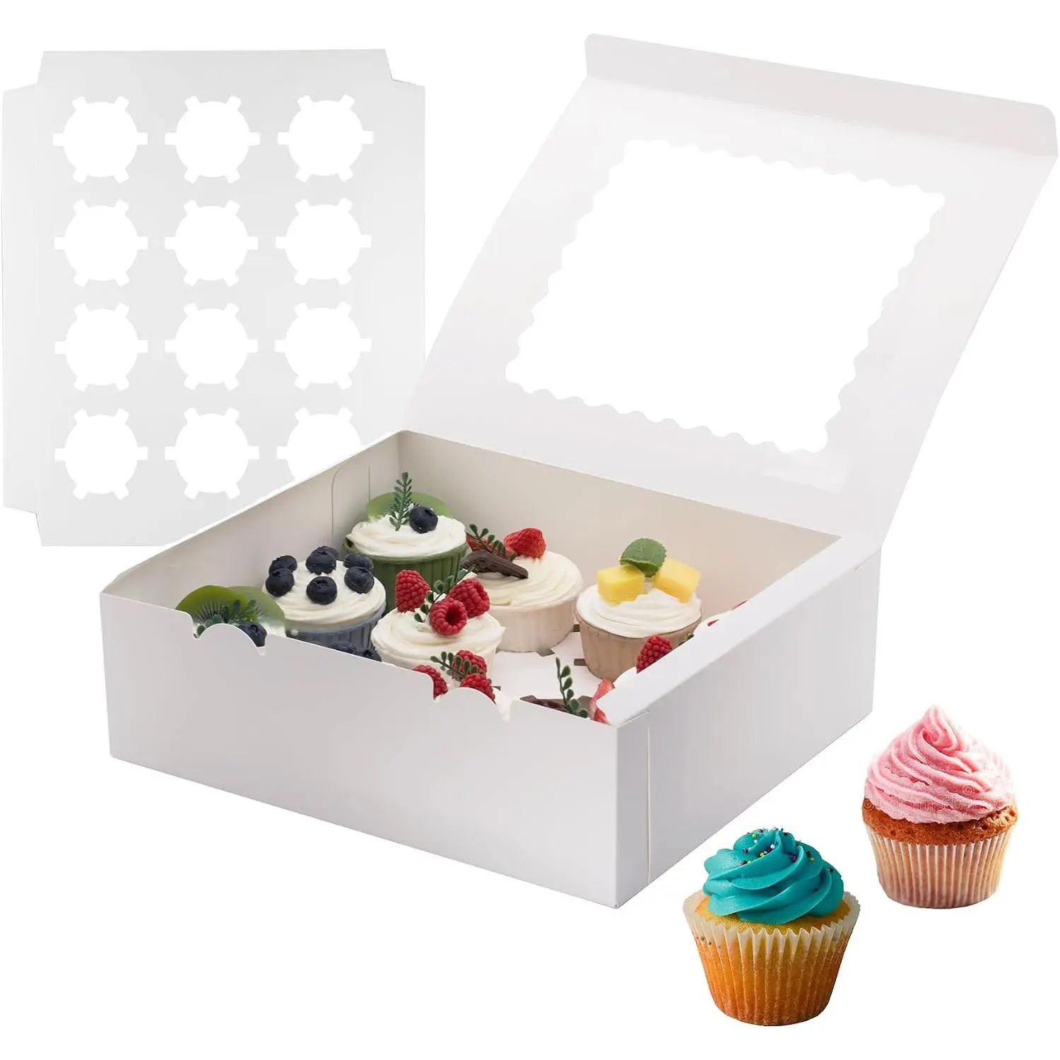4 Pack Cupcake Boxes, Hold 12 Count Cupcake Containers with Window, High Grade Cupcake Holder, Easy Transport and Presentation, for Birthday Holiday Party, Desserts and More (White - 4 Pack)