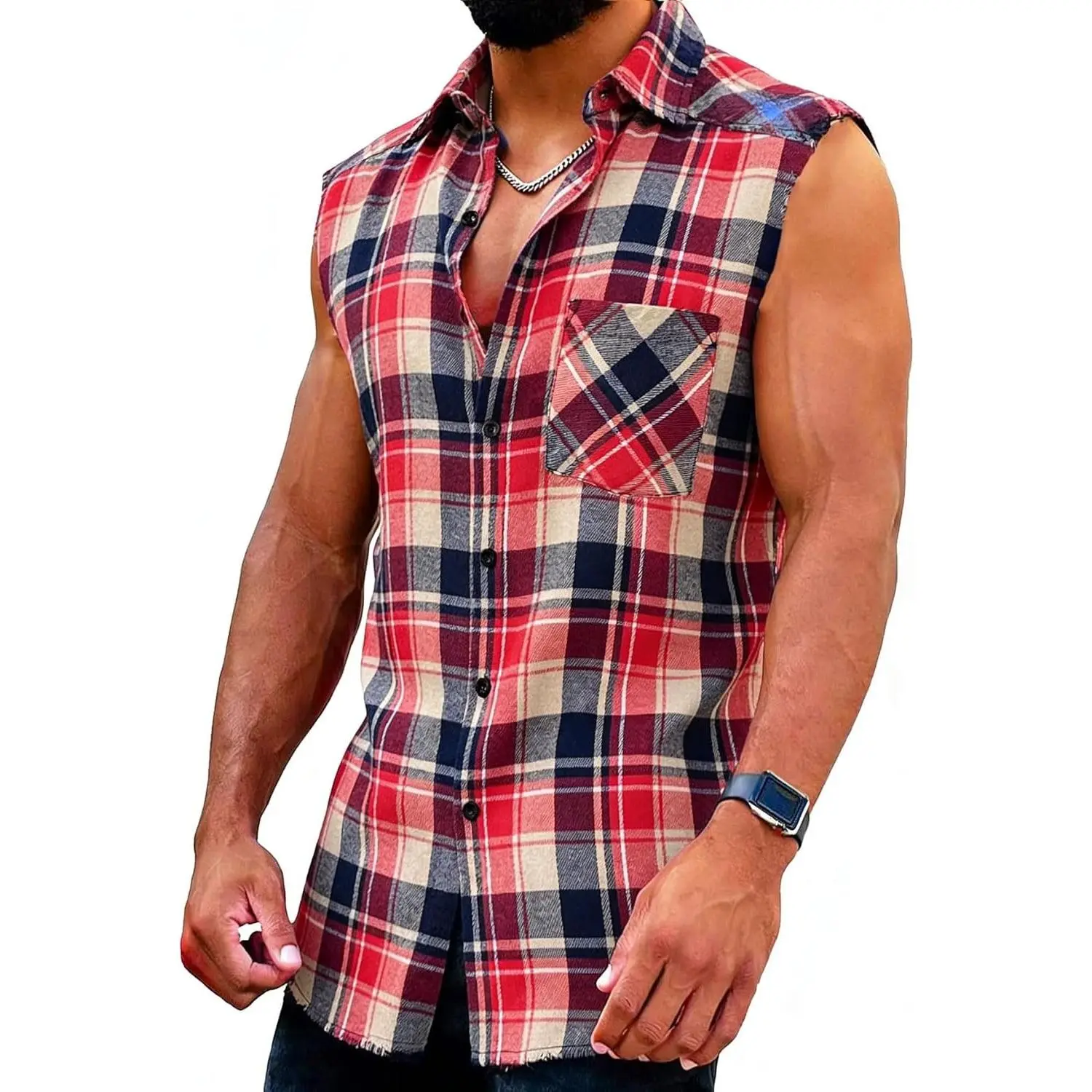Men's Sleeveless Flannel Plaid Button-Down Lapel Collar Curved Hem Summer Cowboy Vest, Menswear Casual Tank Top