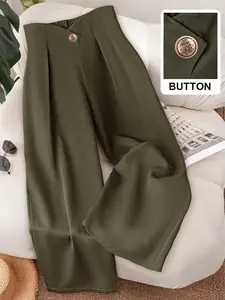 Military High-Waisted Wide-Leg Women's Pants, Button Closure, Elastic Waist, Loose Fit, Long Trousers, Comfortable and Stylish
