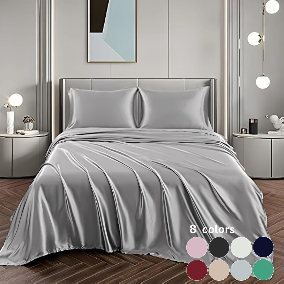 Solid Color Satin Bedding Set, 1 Count Flat Sheet & 1 Count Silky Fitted Sheet & 2 Counts Pillowcase without Filler, Soft Bedding Set for Home Bedroom, Satin Bed Sheets