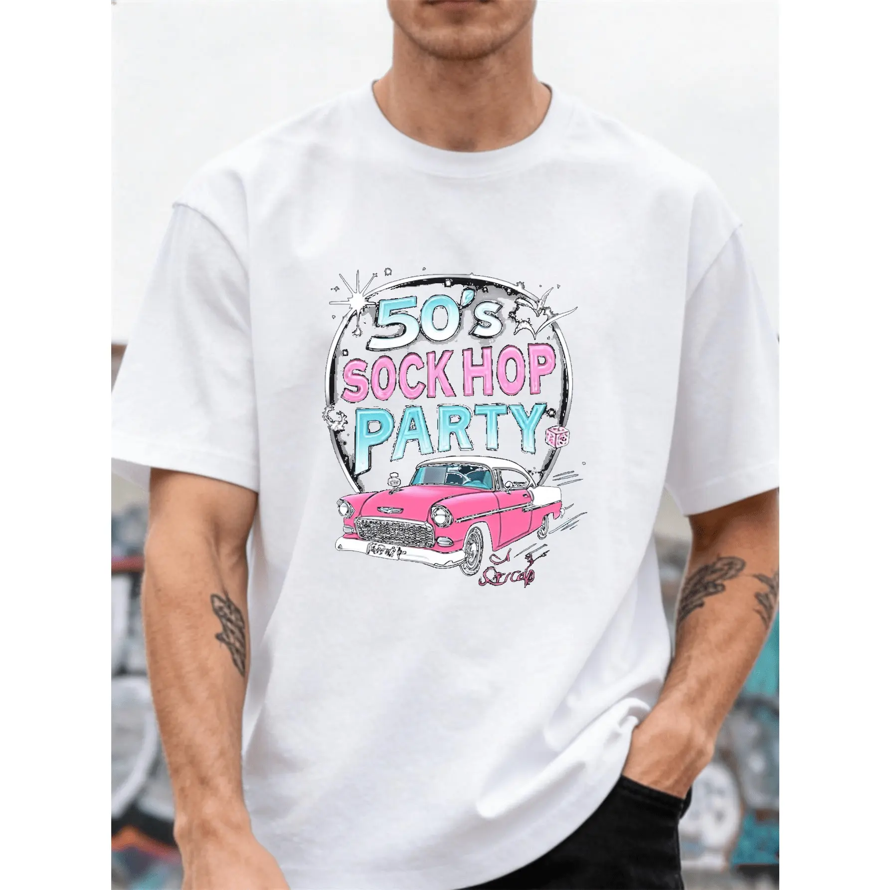 Men's 100% Cotton Short Sleeve Round Neck Simple Casual T-Shirt - 1950s Sock Hop Retro Top with Pink Cursive Logo, 1950-59 License Plate Numbers, Rock 'n' Roll Design - Plus Sizes Menswear Clothes for 50th Events, Valentine's Day