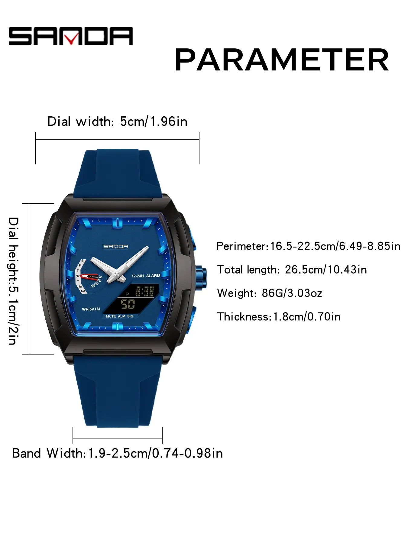 Sanda Multifunctional Sports Tonneau Digital Watch, Dual Display, Waterproof, Detachable Strap, World Time, Stopwatch, 5 Alarms, Casual Style, Quartz Watches