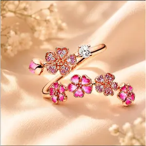 Authentic S925 Silver Rose Enamel Peach Blossom With Crystal Ring For Women Wedding Party Gift fit Lady Fine Jewelry