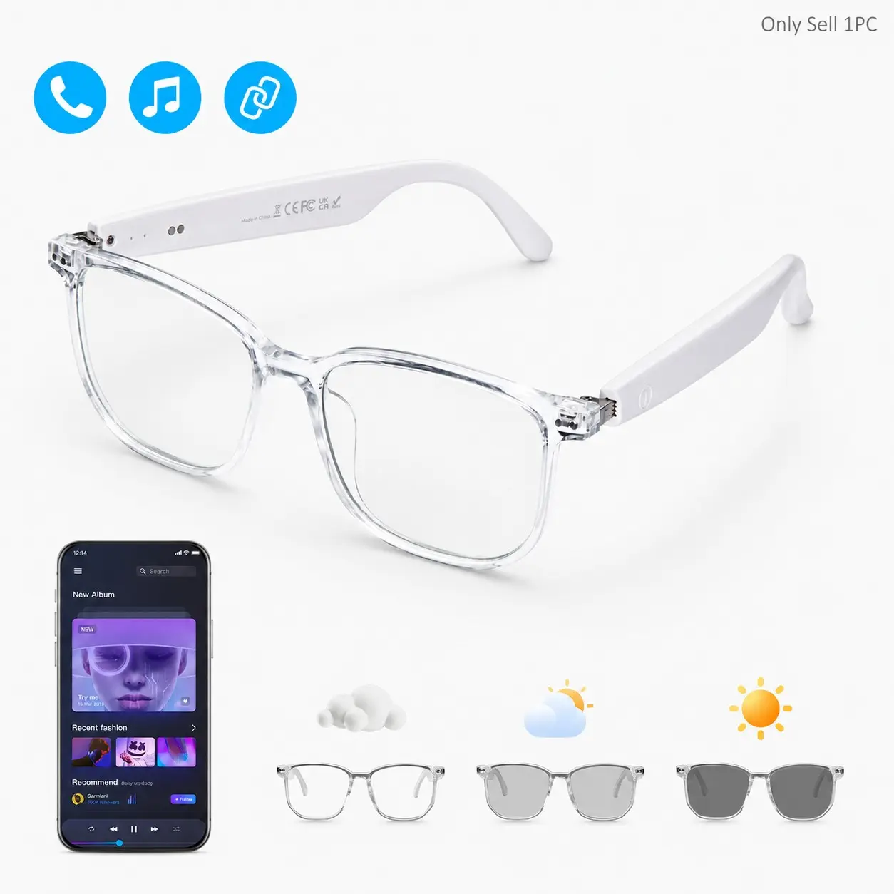 Smart Glasses for Men Women, Bluetooth Open-Ear Audio Glasses with Photochromic Lenses, Built In Speakers, Hands-Free Calling and Music Playback,Touch Control,Remote Camera