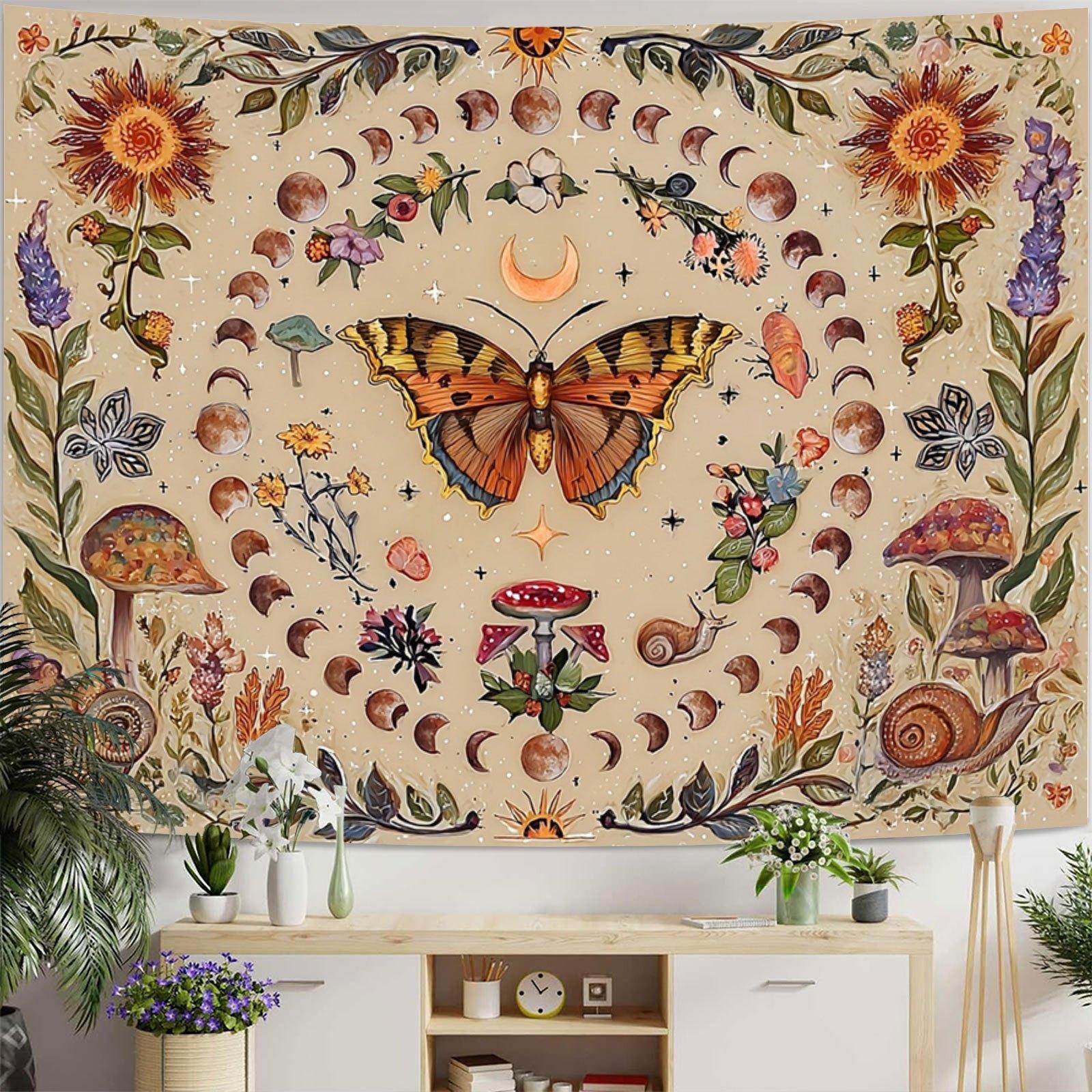 Sun and Moon Tapestry Vintage Boho Wall Hanging, Large Aesthetic Room Decor with Butterflies & Flowers Magic Garden, Oversized Wall Art for Bedroom Living Room Dorm Party