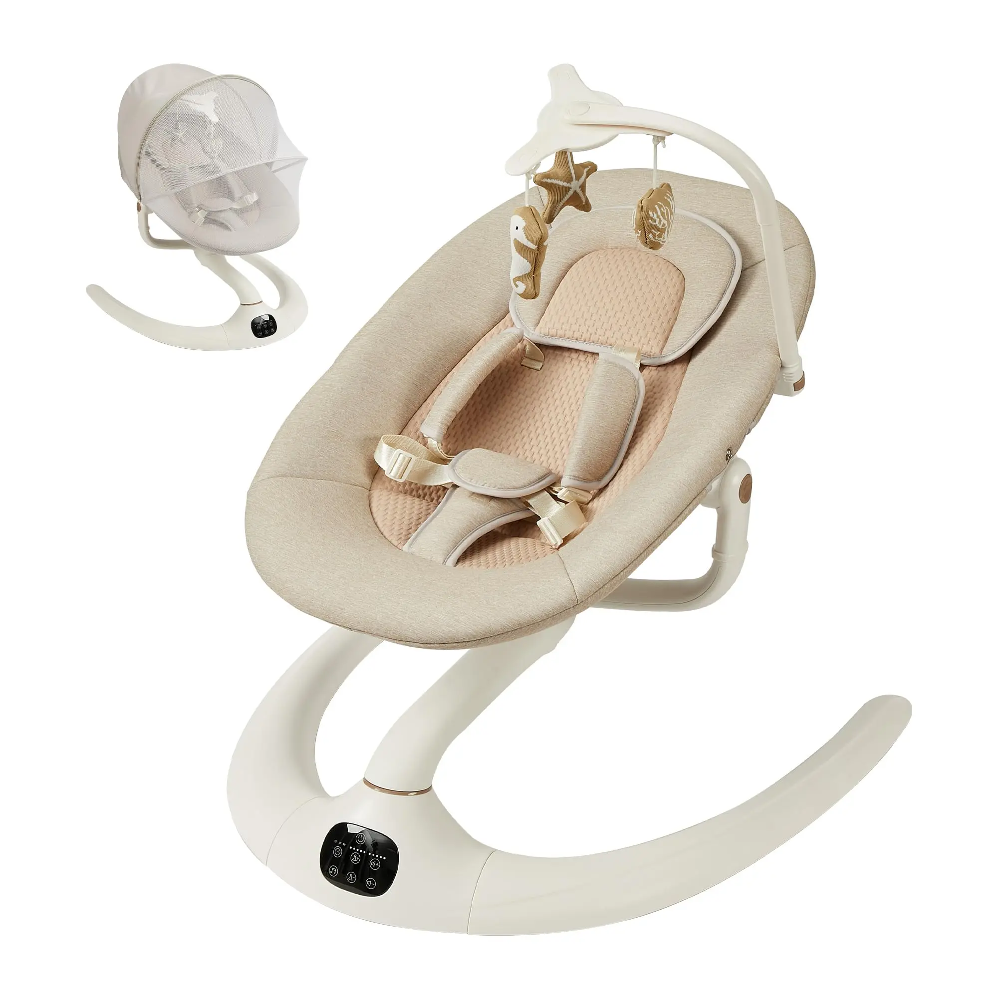 Electric Baby Bouncer and Swing Chair – Remote & Smartphone Control, 12 Built-in Music, 5 Swing Speeds, Adjustable Recline, Mosquito Net, Safety Belt – for Newborns, Baby Shower Gift, Khaki/Light Grey/Dark Gray