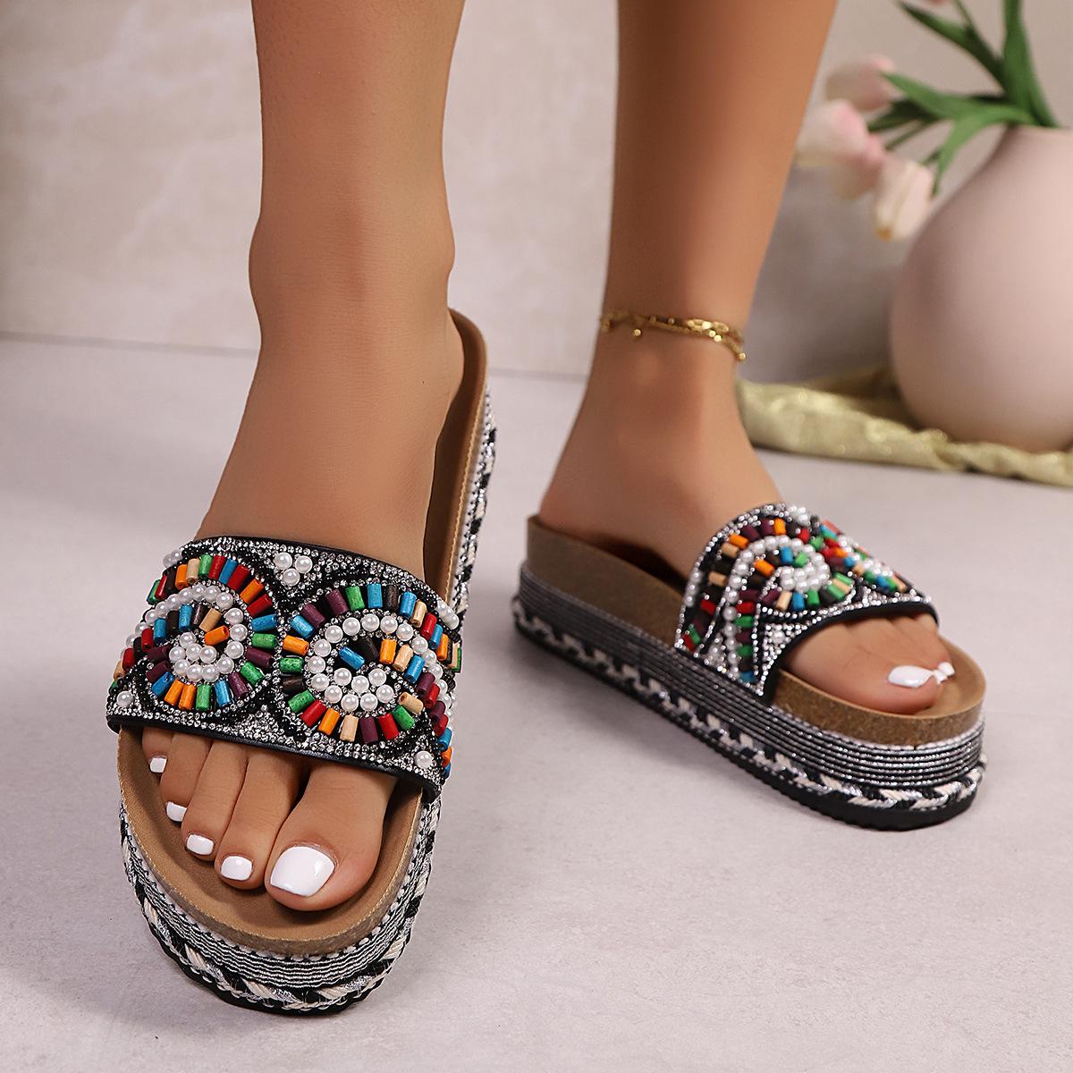 Women's Platform Sandals Summer Beach Slides with Pearl Embellished Cork Wedge Soft Sole Slippers Large Size Comfort Outdoor Shoes Ethnic Style Fashion Footwear for Women