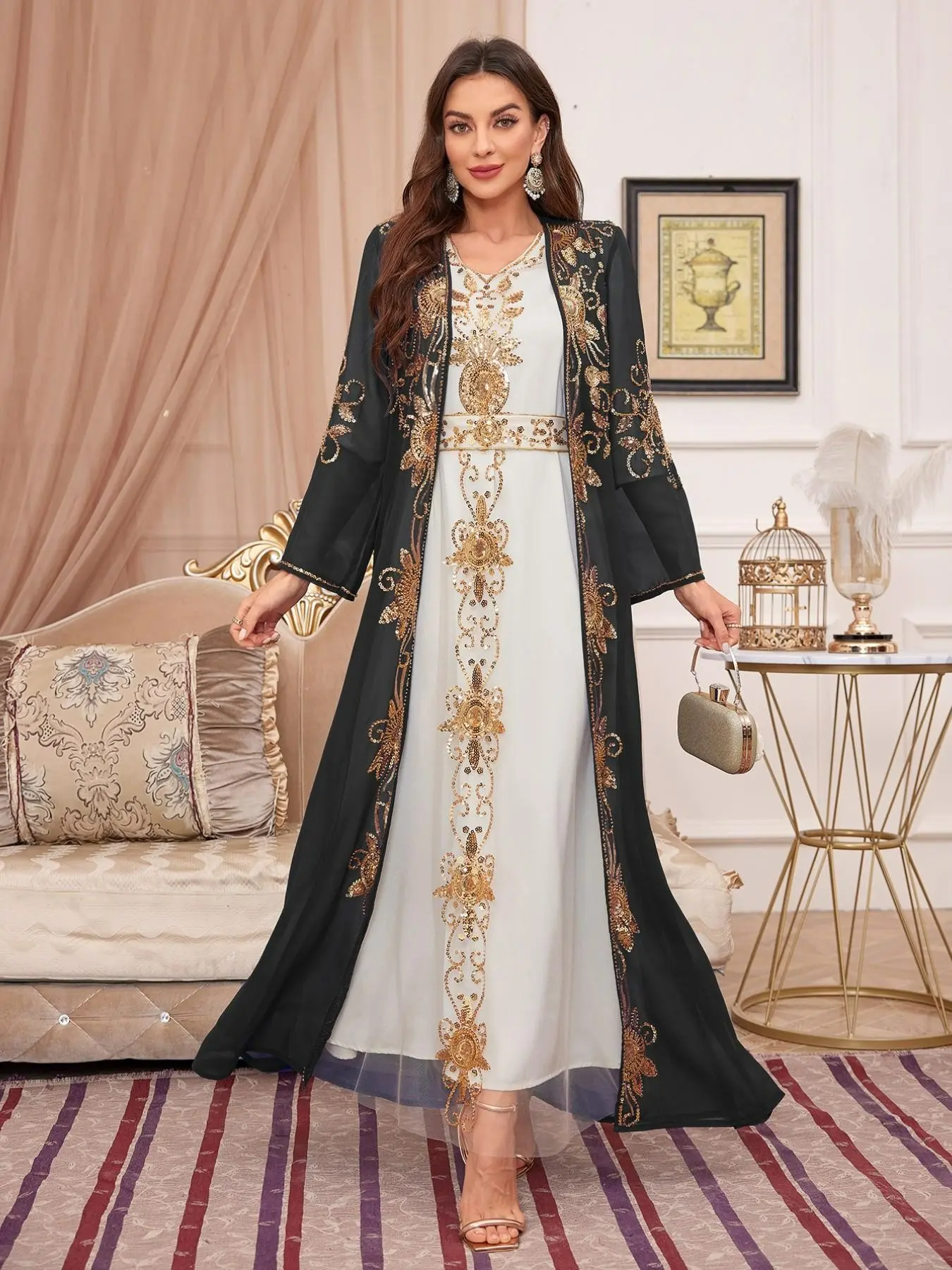 Luxury Gold Embroidered Two-Piece Arab Robe, Belted Abaya, Sheer Heavy Rhinestone Cardigan + Solid Inner Waist Cinch Maxi Dubai Evening Abaya Set