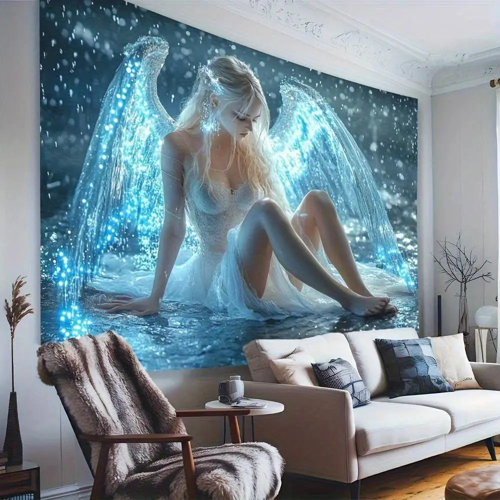 2D Flat Printing Skin-Friendly Patchwork Tapestry Wall Hanging - Wrinkle-Resistant, Lightweight, Magical Water Angel With Luminous Wings, Ready-to-Use Home Wall Decor, Party Photo Backdrop