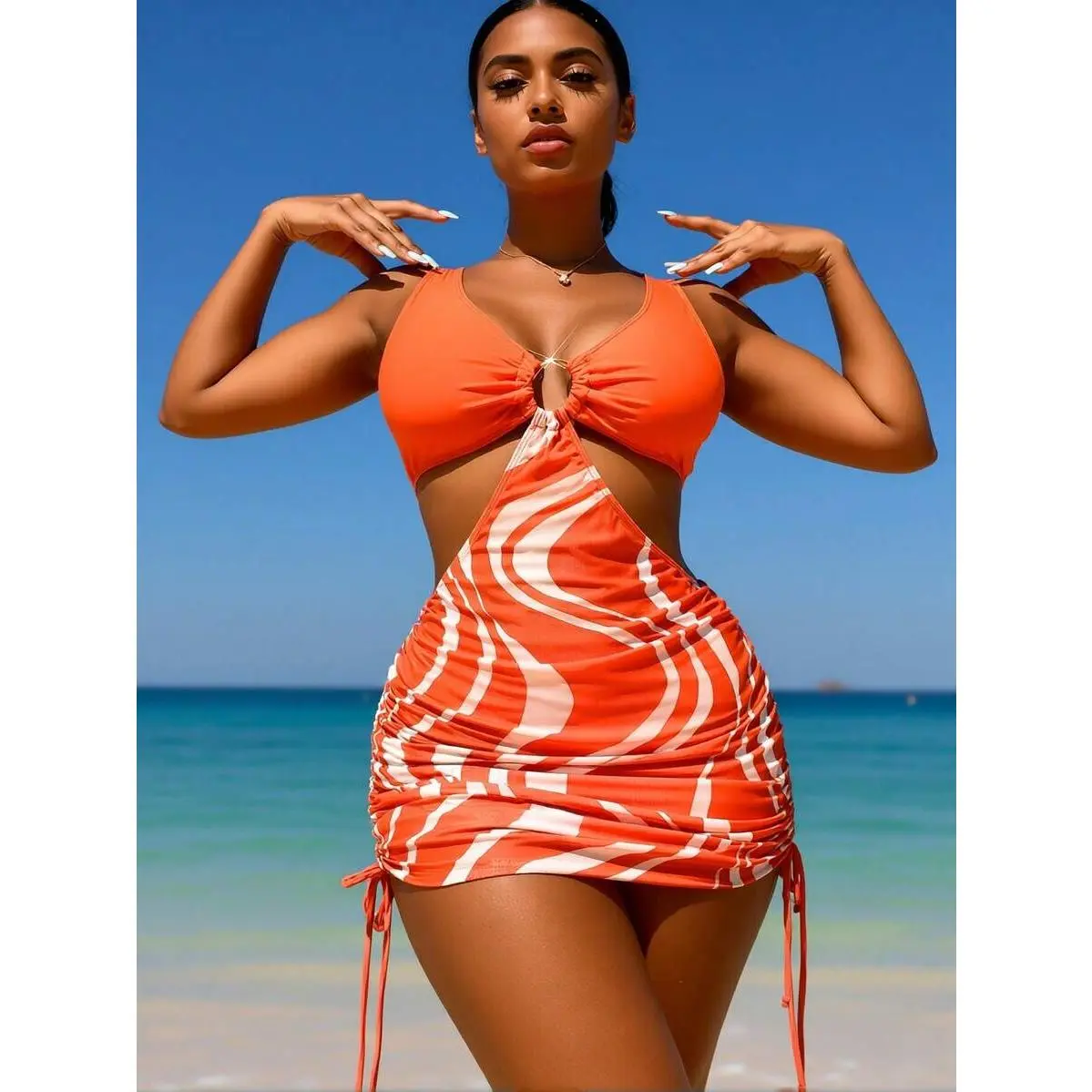 Orange Abstract Print Cutout Swim Dress, Halter V-Neck With Side Drawstring, Flattering Bodycon One-Piece Bathing Suit For Beach & Resort