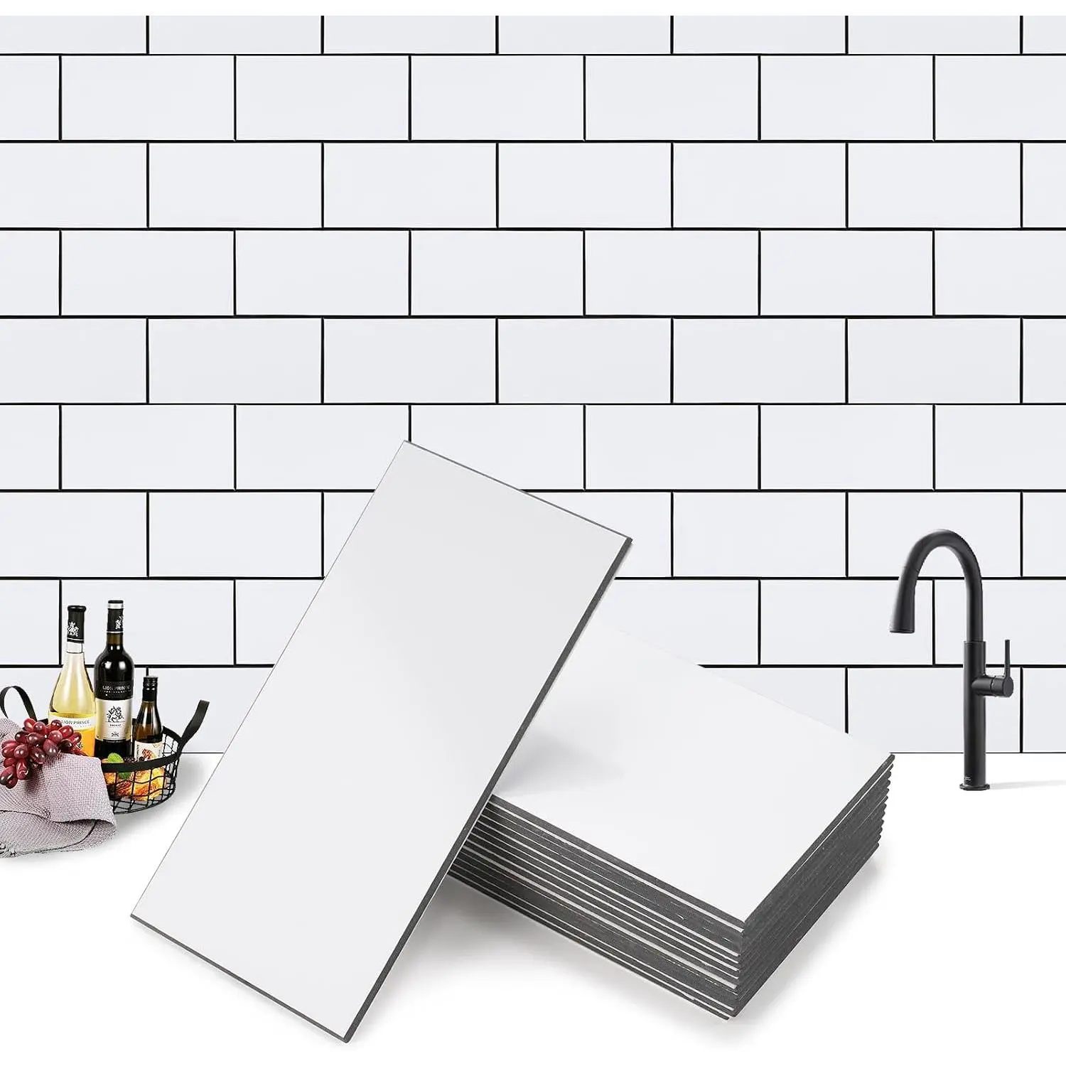 100- Faux Stone Peel and Stick Backsplash Tile,  Thick PVC Stick  Subway Wall Tile for Kitchen Bathroom Laundry Room Fireplace - 3" x 6", Glossy White