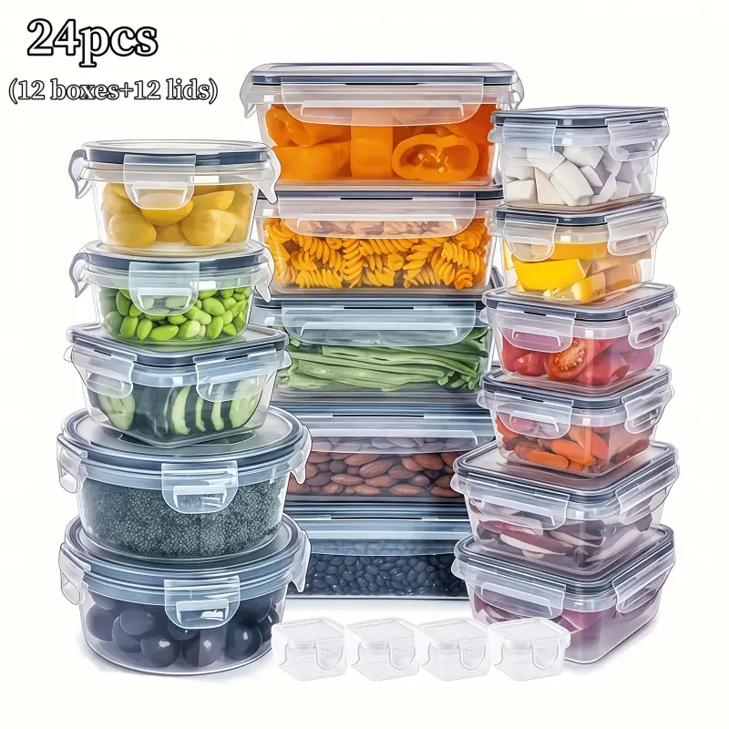 12 Piece Fridge Storage Transparent Containers with 4-Side Buckle Sealing Multi-Size Organizers for Kitchen Food Storage Vegetables Fruits Lunches Meat Large Capacity