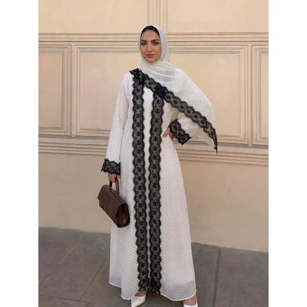 CL84 Elegant polka‑dot open abaya with matching hijab, delicate floral lace trim, soft premium‑quality fabric. White‑black and black‑white lace versions. Great for daily and formal occasions, ideal modest wear for hijabi women.
