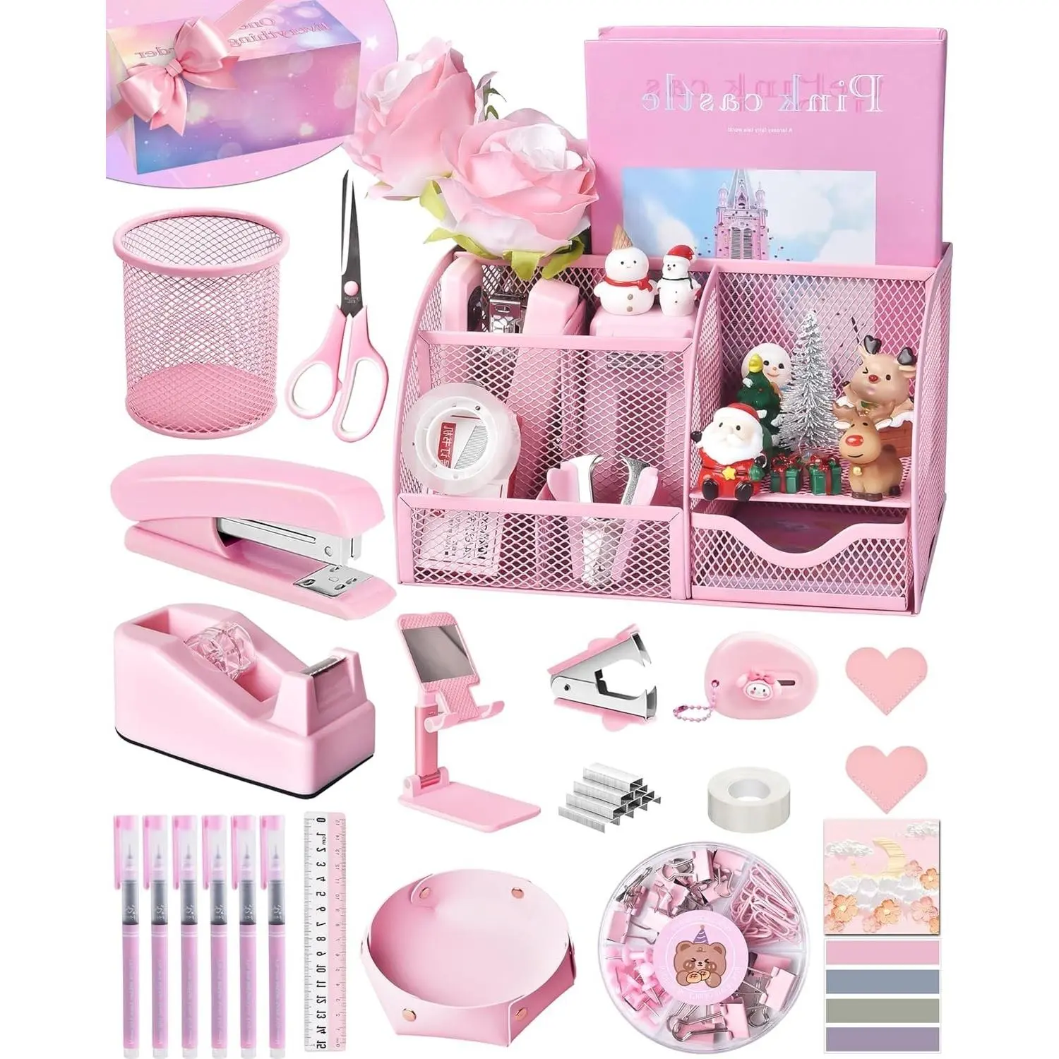 Pink Desk Accessories 23-Piece Office Supplies Gift Set for Women | Desk Organizer, Stapler, Tape Dispenser, Pen Holder, Phone Stand, Scissors, Pens & MoreGift