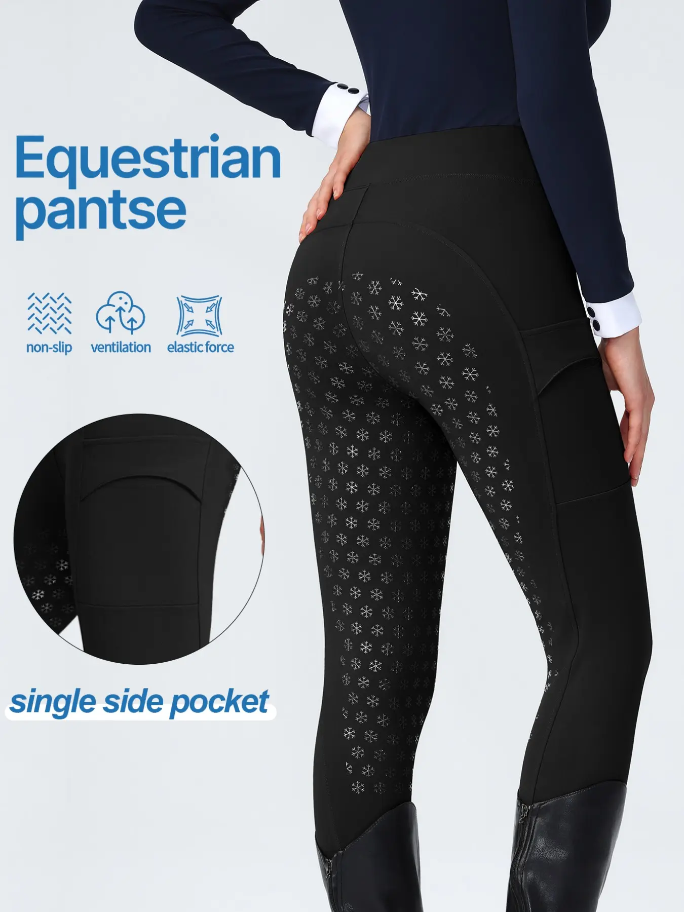 Women High‑Waist Equestrian Riding Breeches, Full Seat Silicone Non‑Slip Horse Riding Pants with Single Side Pocket, Stretch Breathable Equestrian Tights