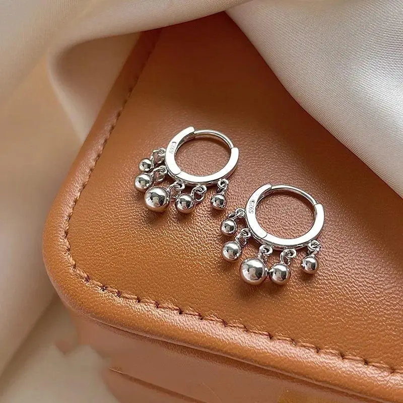 925 Sterling Silver Bead Tassel Hoop Earrings For Women Party Classic Fine Jewelry Light Luxury Geometric Accessories