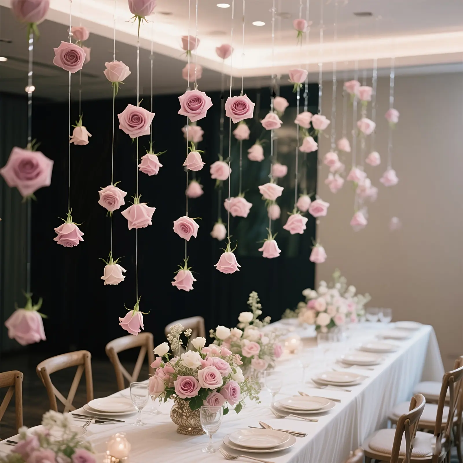 30-Piece Hanging Floral Ceiling Decoration Set (Includes 1 Clear Hanging Cord) – DIY Artificial Rose Hanging Decor & Floating Floral Garland for Valentine's Day, Weddings, Bridal Showers, and More