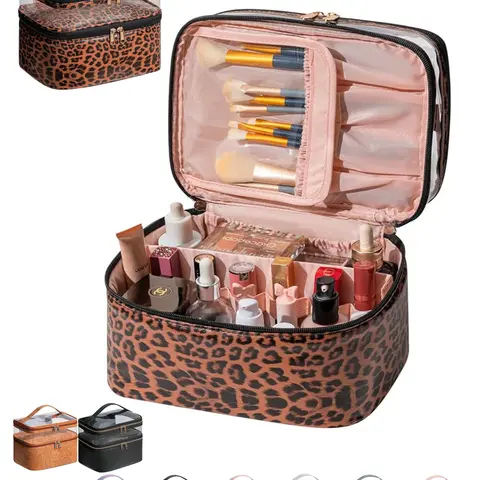 Large Makeup Bag with Brush Storage, Double Layer Cosmetic Bags for Women Girls, vanity bag, Waterproof Leather Toiletry Bag for Women, Travel Makeup Bag Skincare Bag with Zipper & Portable Handle, Travel Essentials, Christmas Gift , Gift for Women