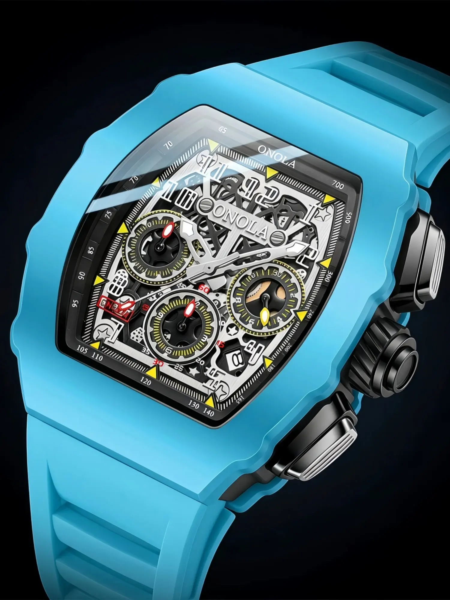 ONOLA Brand Quartz Men Wrist Watch Tonneau Skeleton Exposed Gear Dial Watch Integrated Silicone Case Soft Silicone Strap Fashion Racing Sport Business Male Wristwatch, Fashionable Waterproof Wristwatch, Daily Outdoor Party Holiday Gift Watch For Gentlemen