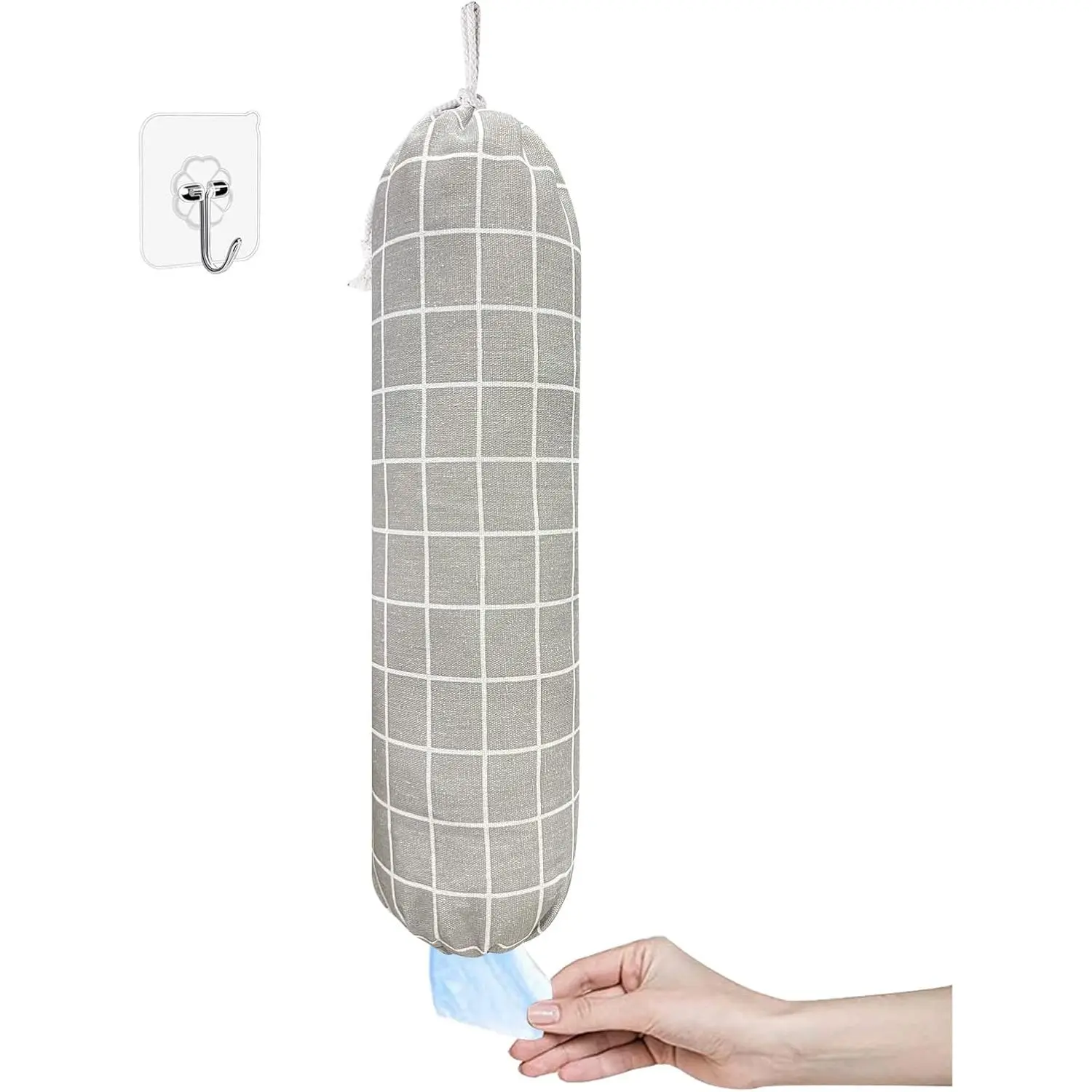 Plastic Bag Holder, Wall Mount Organizer, Shopping Bags Carrier, Washable Large Grocery Storage Dispenser ​for  Kitchen Travelling, Free Adjustment with Drawstring (Check Gray)