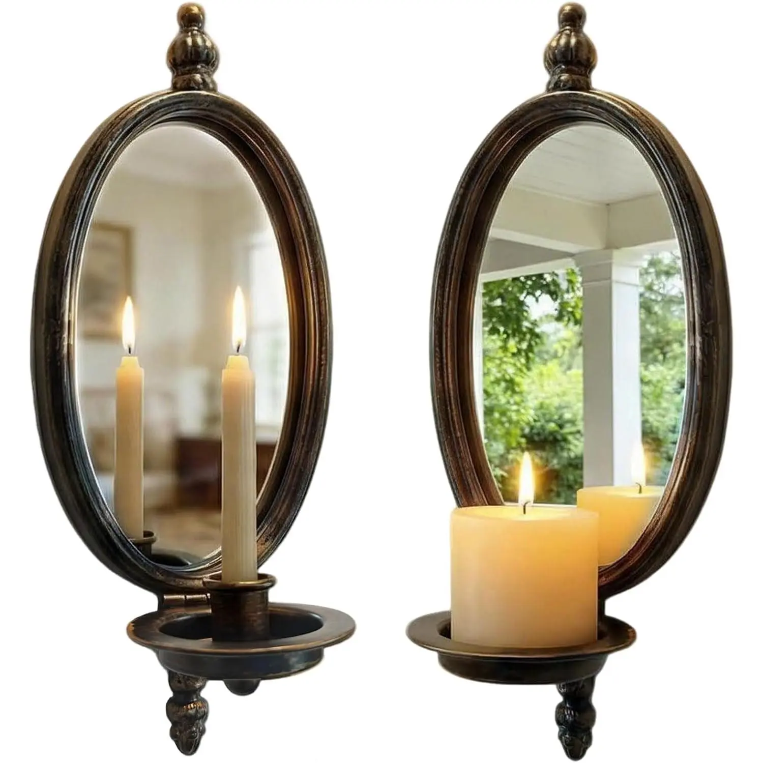 2-Pack Vintage Cast Iron Classic Metal Wall Sconces, Heavy Mirror Taper Candle Holders, Antique Bronze Pillar Candle Holders for Home Decor, Two Pack