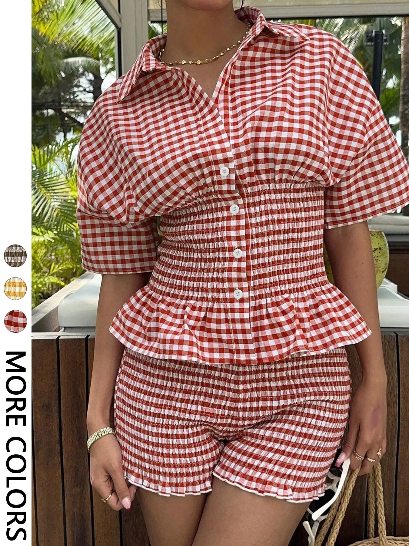 Women's Casual Plaid Fitted Short Sleeve Shirt & Shorts Set, short sets, Ruched Flounce Design, Summer Vacation Essential, Clothes