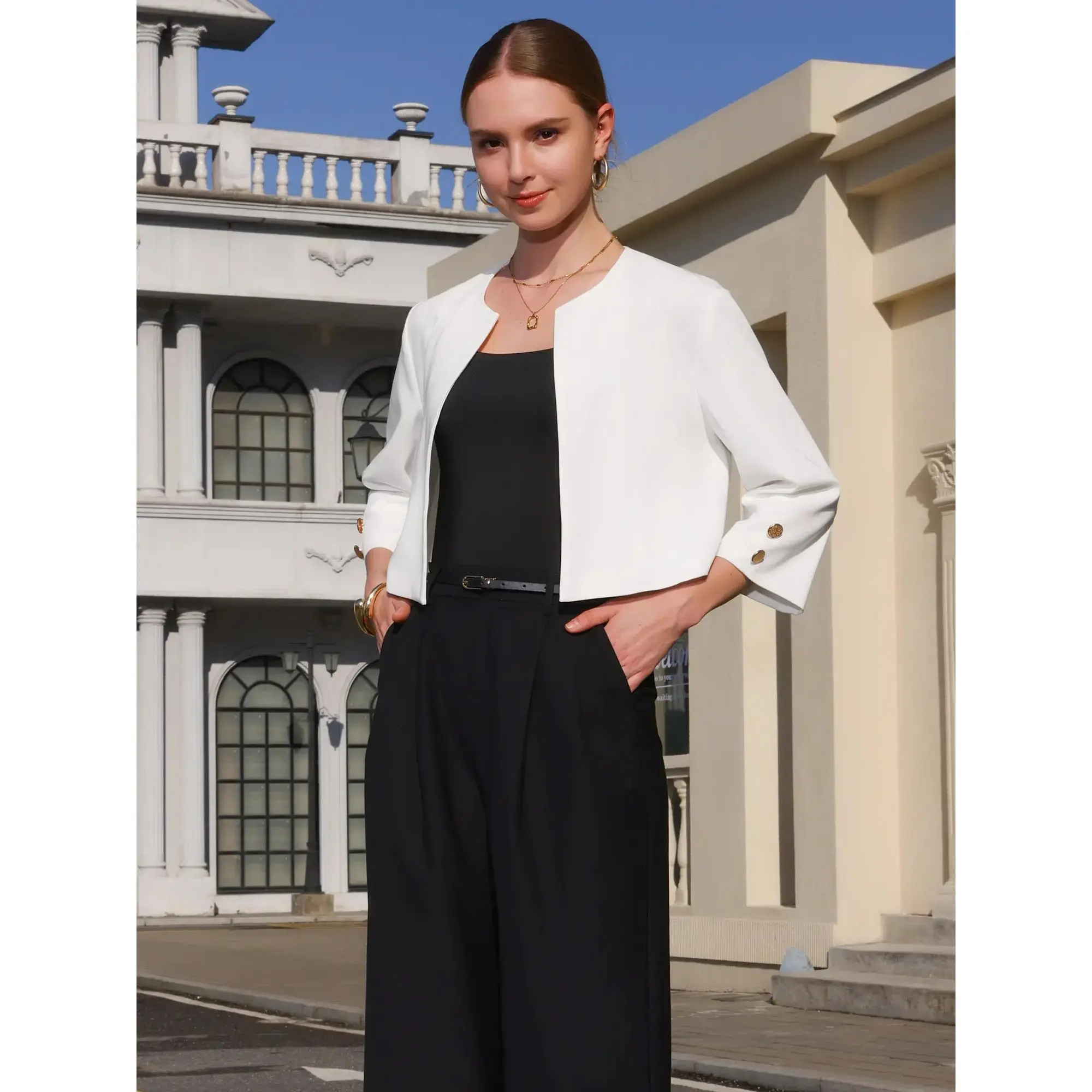 Women's Collarless Blazers 3/4 Sleeve Dressy Casual Cropped Jacket