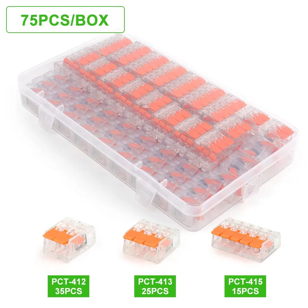 75 pcs/box wire connector combination package, universal compact splicing connector kit, for electrical push in lever connectors, reusable mini fast household electrical terminal blocks with 2 ports, 3 ports, and 5 ports