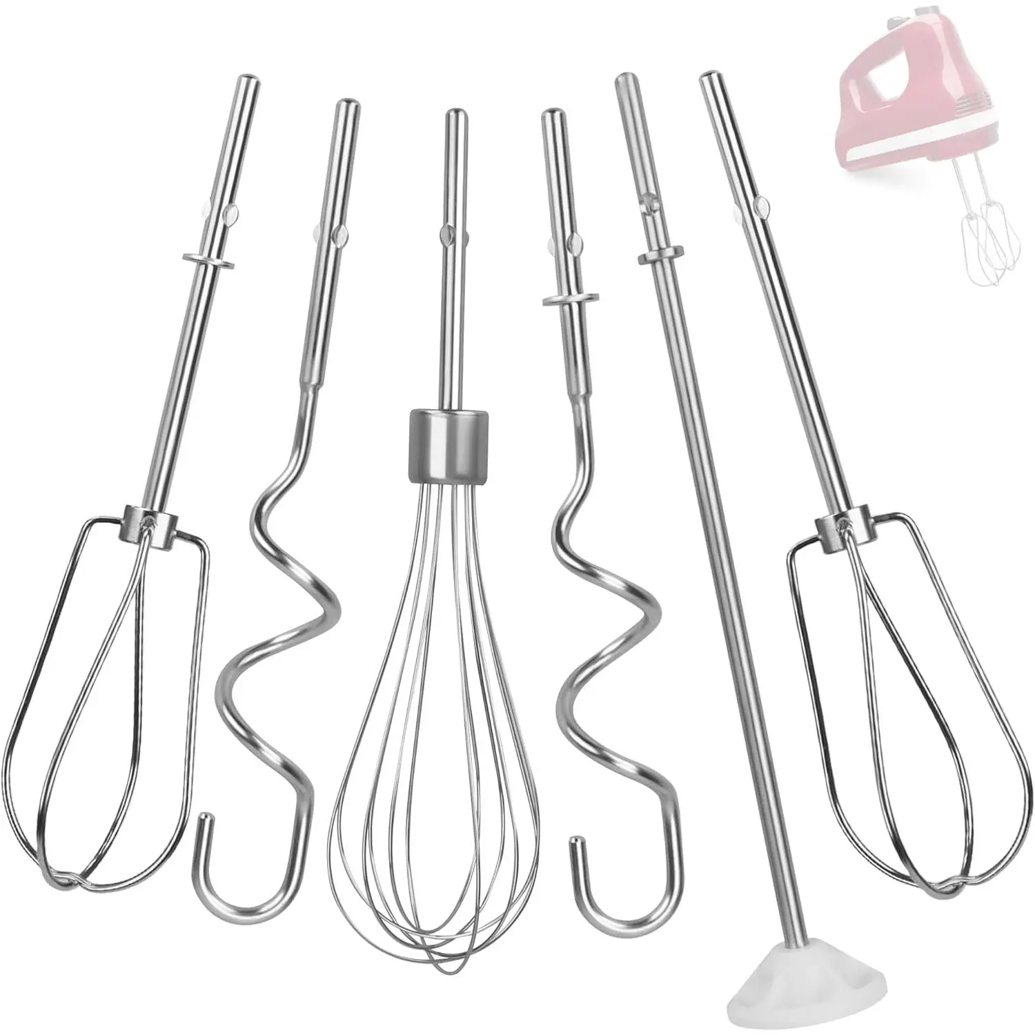 Hand Mixer Attachments Compatible with KitchenAid Hand Mixer KHM3 KHM5 KHM7 KHM9, Hand Mixer Turbo Beaters for Kitchenaid, with Whisk, Dough Hooks and Blending Rod Replacement (6 Pack)