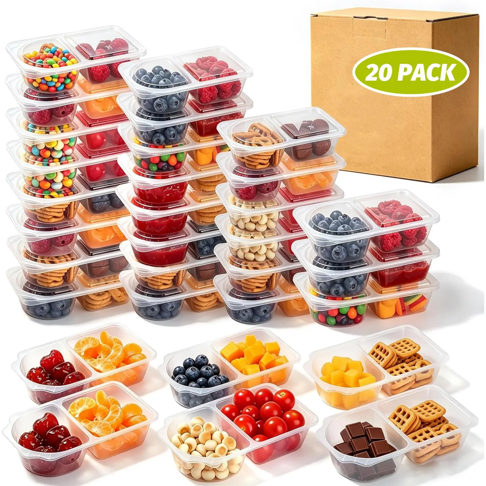 20-Pack Double Compartment Kitchen Snack Containers with Lids, 300ml Reusable Leak-Proof Divided Boxes for Packing Lunch for My Kid, Portable Lunch Solutions, Spill-Proof Food Containers & Meal Planning, Snap Lid Closure Food Containers