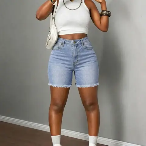 Women's Washed Elastic Denim Shorts, Slim Fit Fringe Design, Mid Waist Button Fly, Below Knee Length, Casual Fashion Pockets