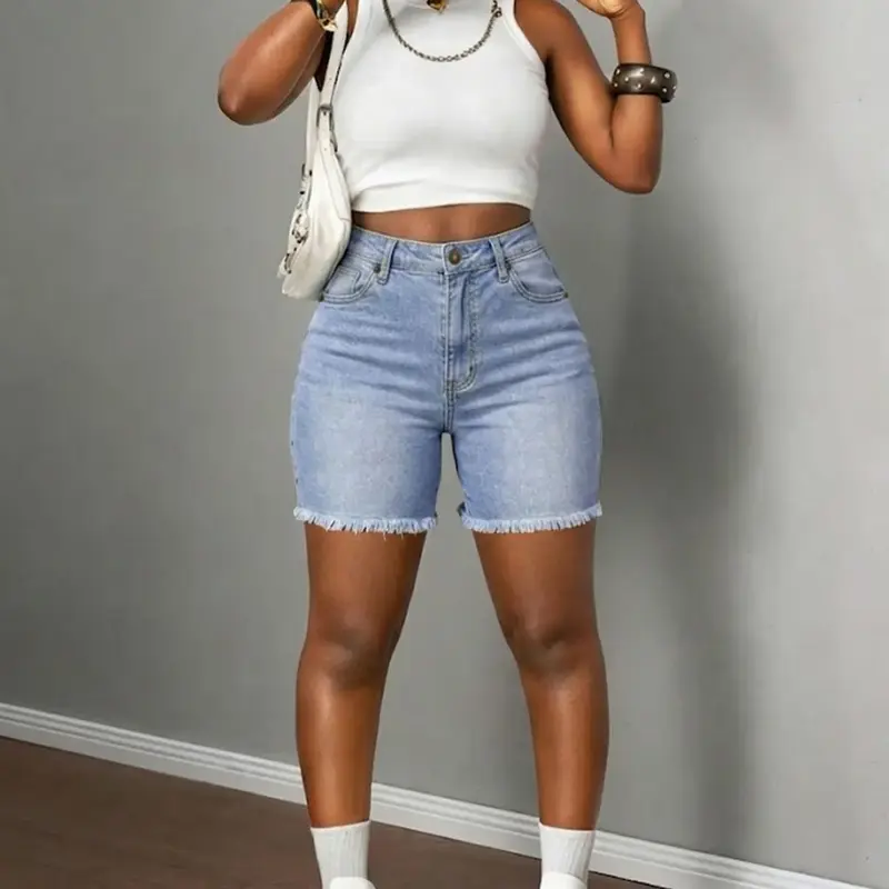 Women's Washed Elastic Denim Shorts, Slim Fit Fringe Design, Mid Waist Button Fly, Below Knee Length, Casual Fashion Pockets