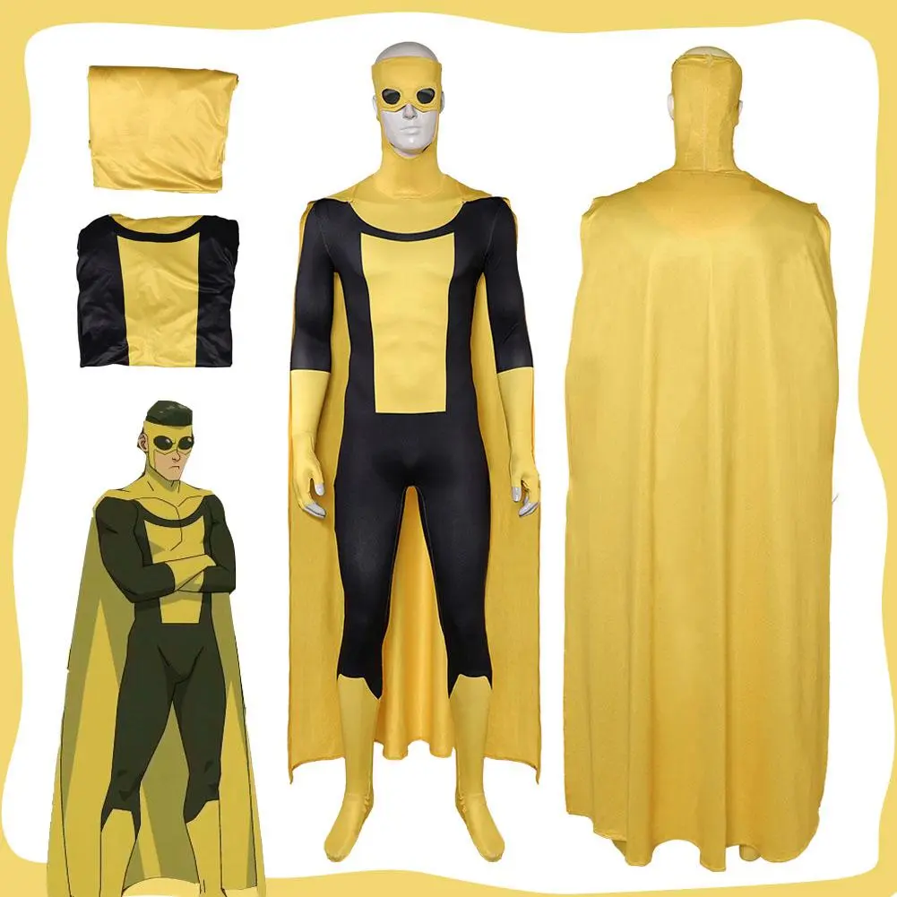 Invincible Mark Grayson Cosplay Men Fantasy Yellow Jumpsuit Cloak Costume Male Bodysuit Mask Disguise Outfits Halloween Carnival
