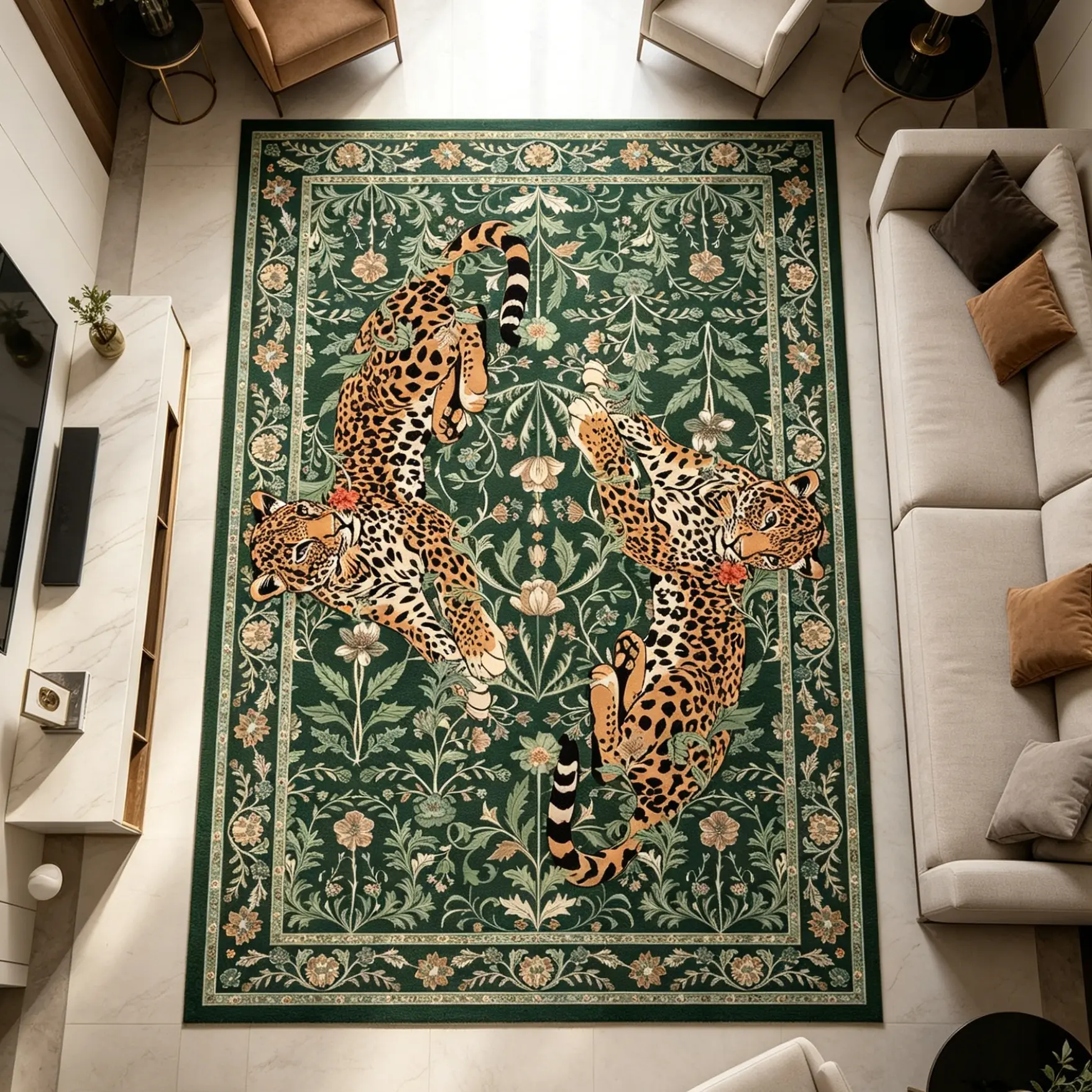 Green Vintage Persian Leopard Floral Rug, Leopard Print Rug, Large Area Living Room Bedroom Carpet, Foldable, Non-Slip, Home Decor