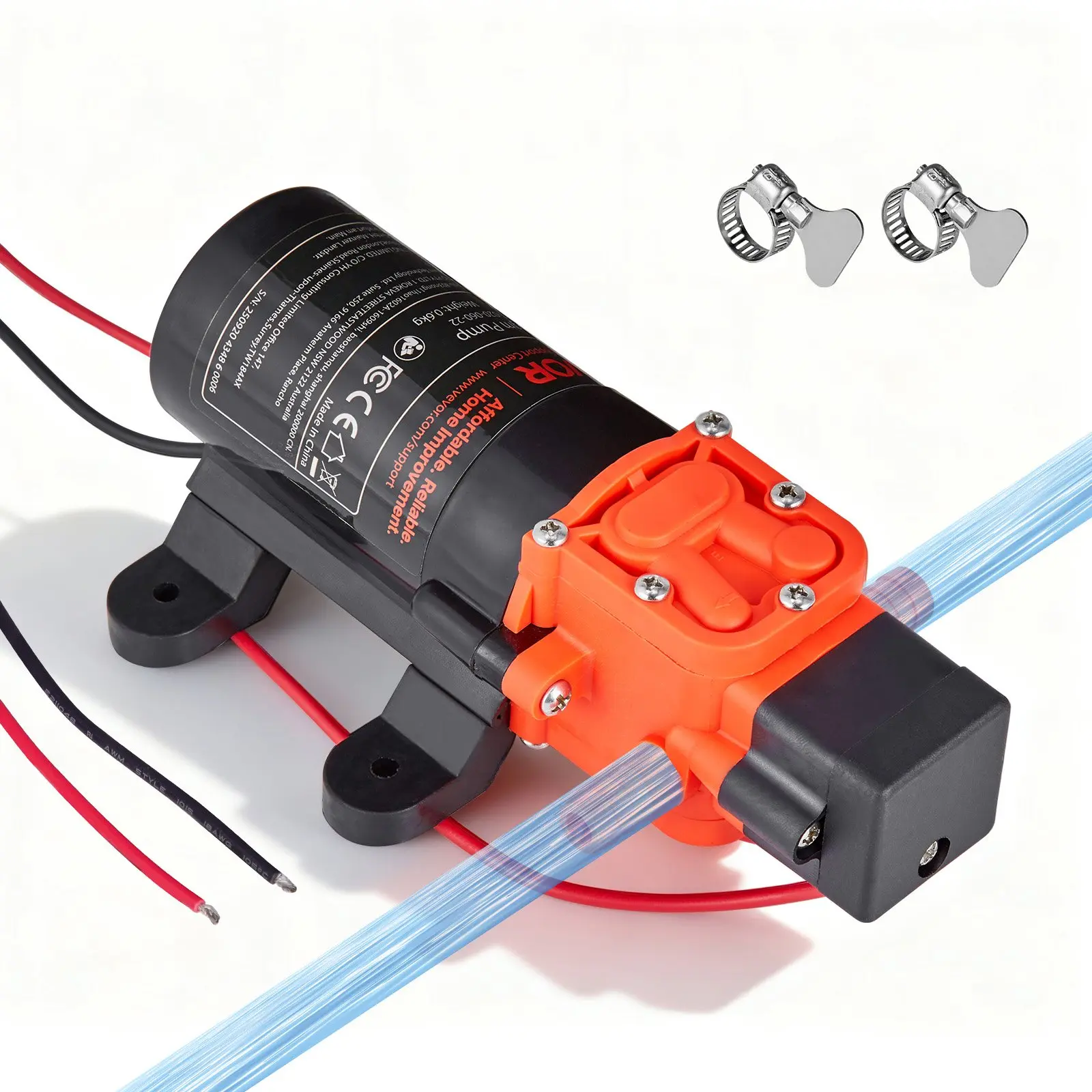 VEVOR 12V DC Self-Priming Diaphragm Water Pressure Pump, 1.2 GPM (4.5 L/min), 2-Chamber, 80 PSI Max Pressure, Quiet Operation, with 2 Hose Clamps, for RV, Garden Irrigation