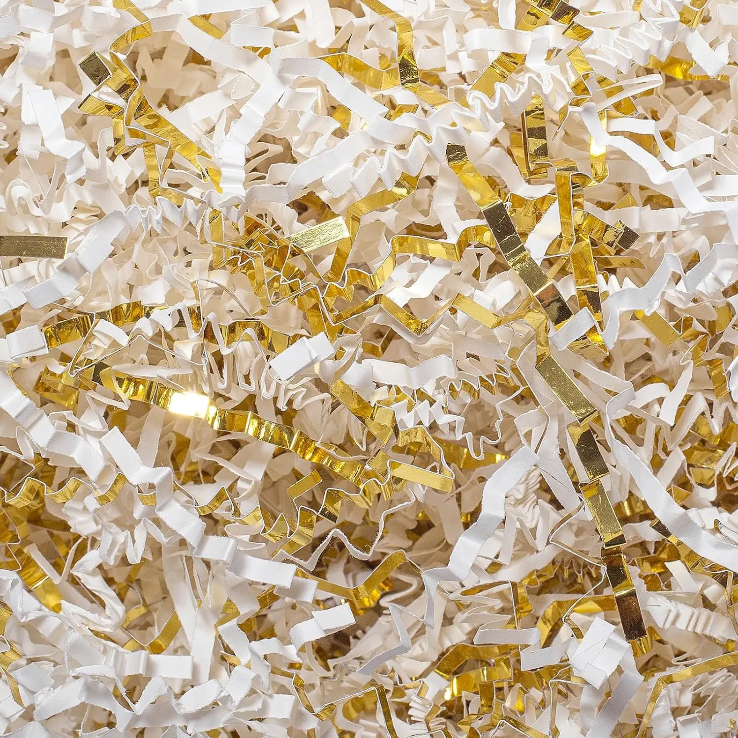 8oz Shredded Form Crinkle Cut Paper Gift Filler - 1/2 LB White & Gold Shred for Gift Box, Basket, Bag - Cushion Stuffing for Easter, Mother's Day Packaging Wrapping