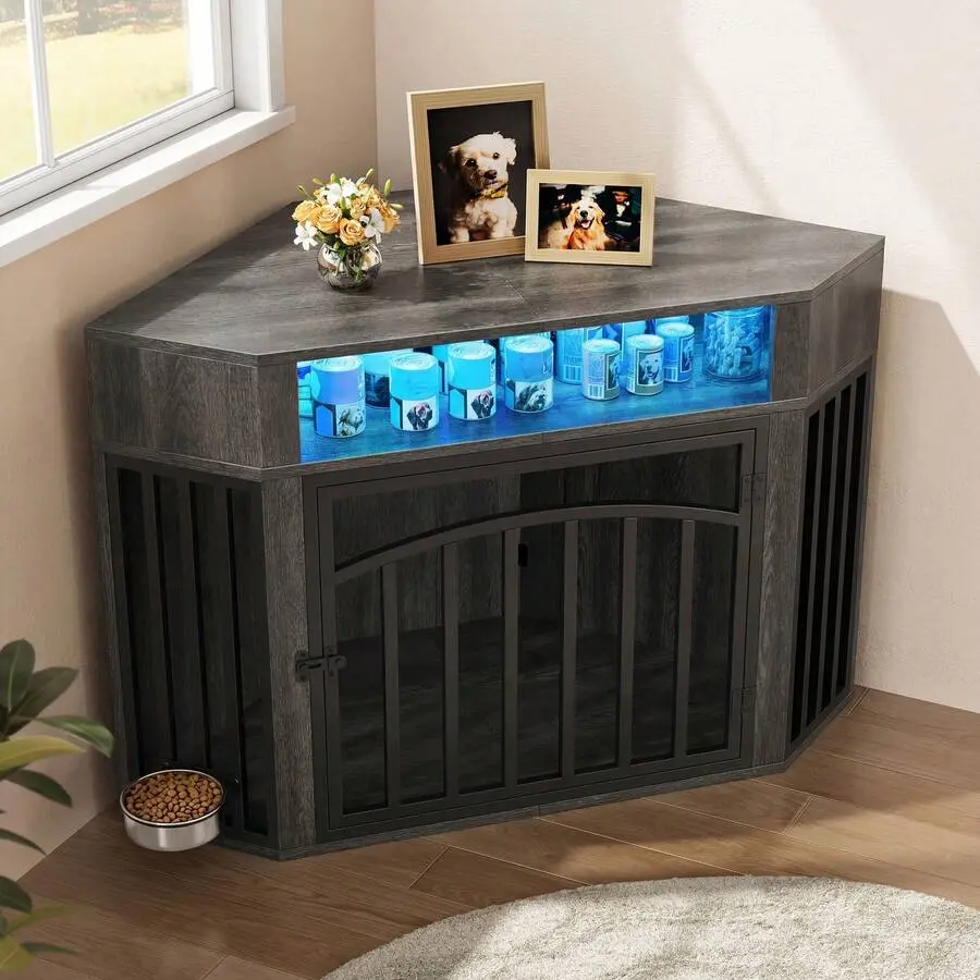 52 Inch Corner Dog Crate Furniture With LED Light & Power Outlets Heavy Duty Dogs Kennel With 360° Dog Bowl, Decorative Indoor End Table Cage Large Medium Dogs, Rustic Brown