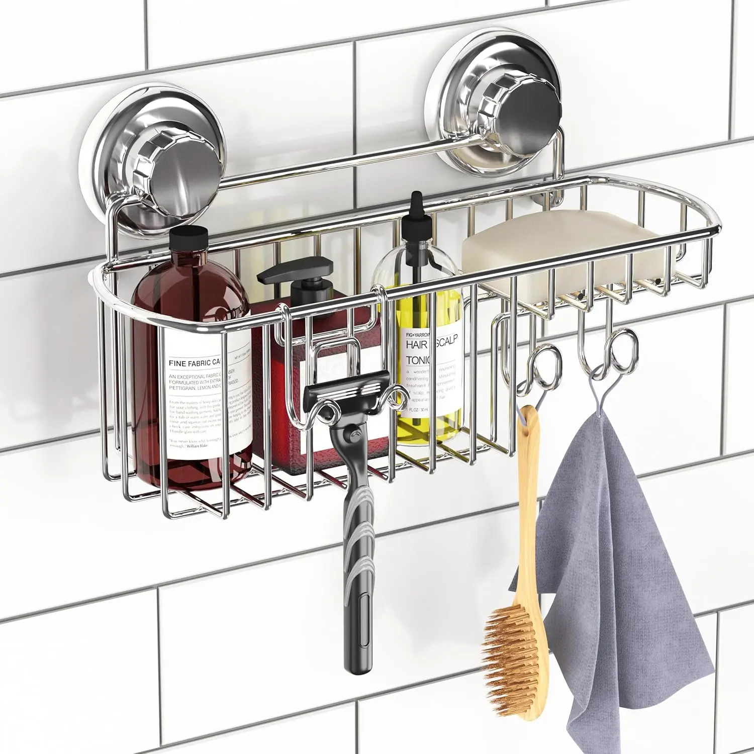 Suction Cup Shower Caddy Basket for Shampoo, Shower Suction Shelf Organizer, Basket with Soap Holder and Hooks, Stainless Steel Shampoo Holder for Bathroom Storage, Chrome