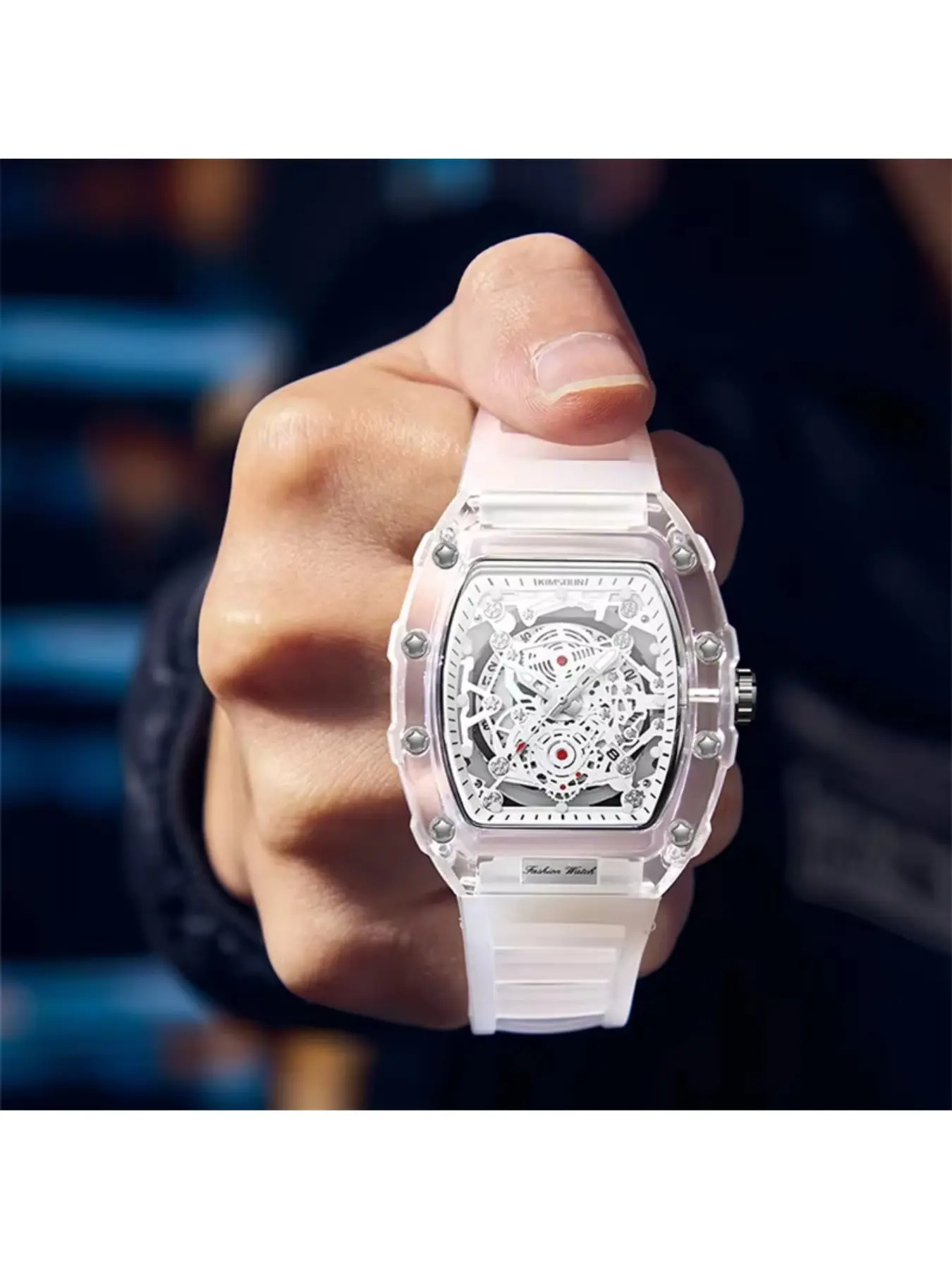 Fashionable Casual Men's Watch Luminous Calendar Function Silicone Strap Tonneau Shaped Transparent Case Men Quartz Watch
