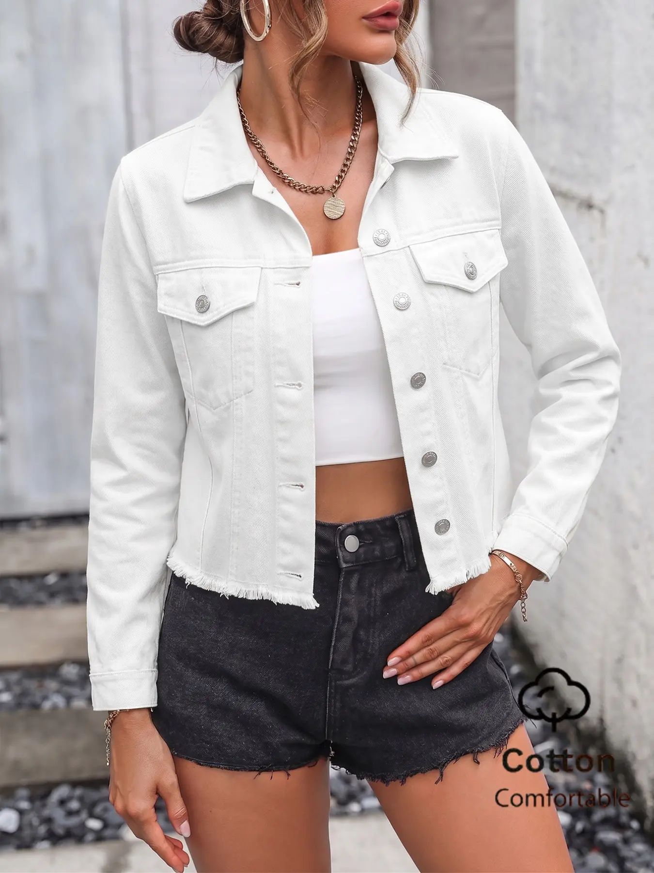 Women's Lapel Long Sleeve Short Denim Jacket, Front Button Fringe Hem Casual Spring Fall Outerwear, Stylish and Comfortable Coats